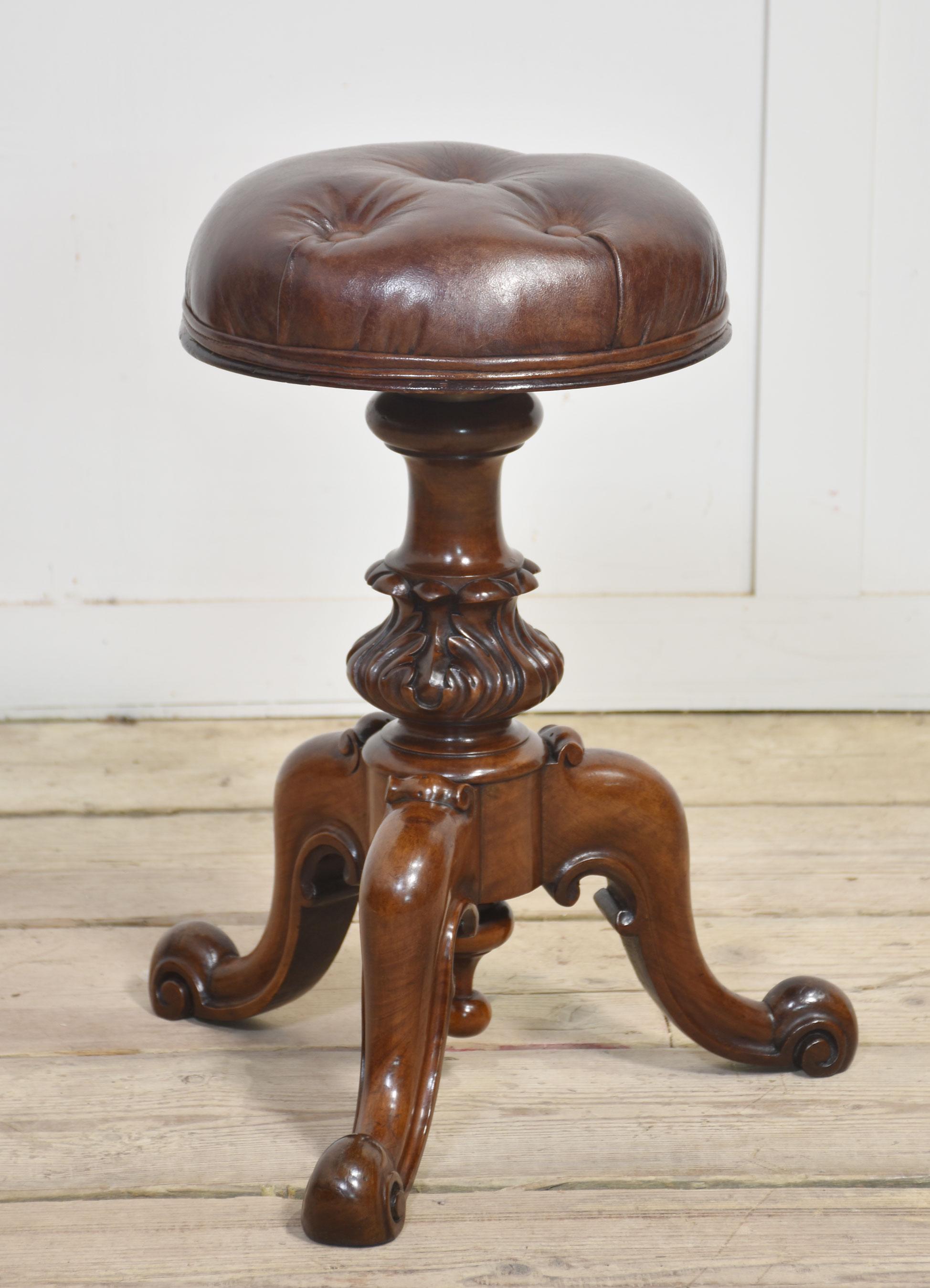 British Walnut adjustable piano stool For Sale