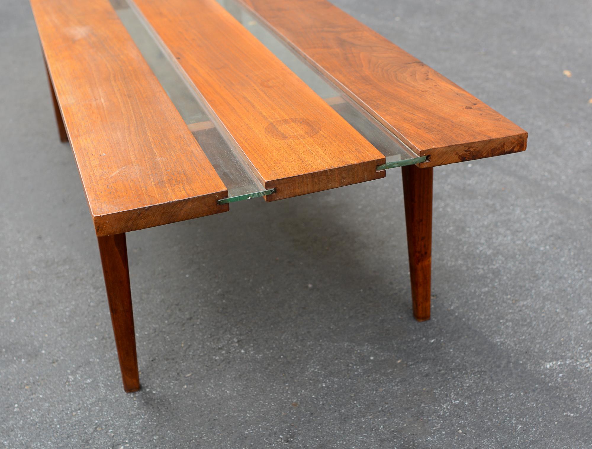 Walnut and Acrylic Mid Century Low Coffee Table For Sale 4
