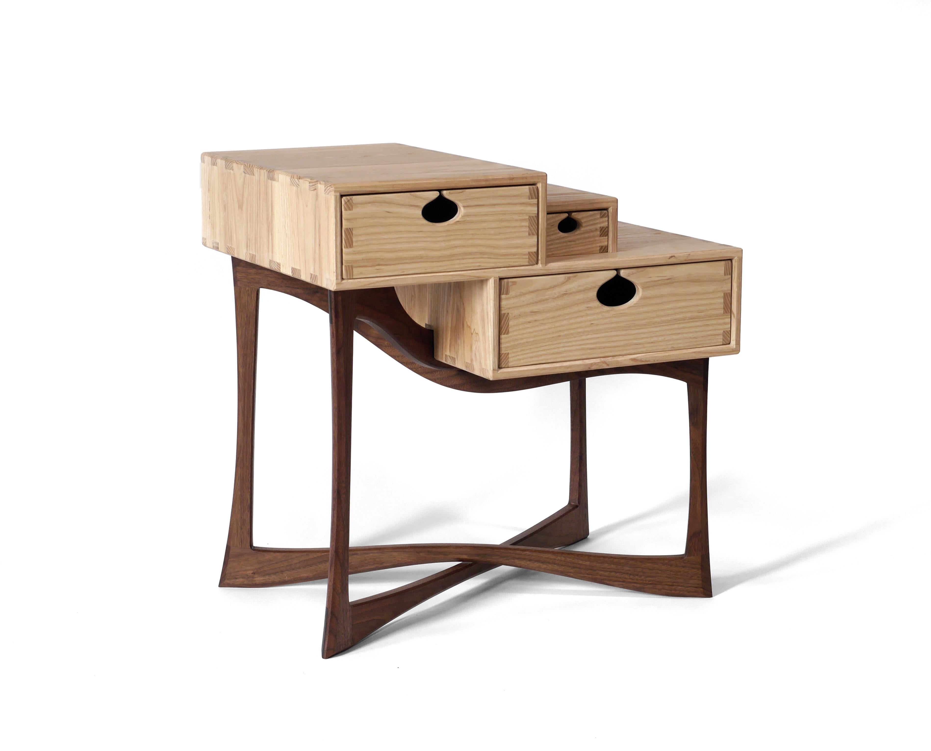 Hand-Crafted Walnut and Ash Coriolis Side Table, Three Drawer Modern Nightstand / End Table For Sale