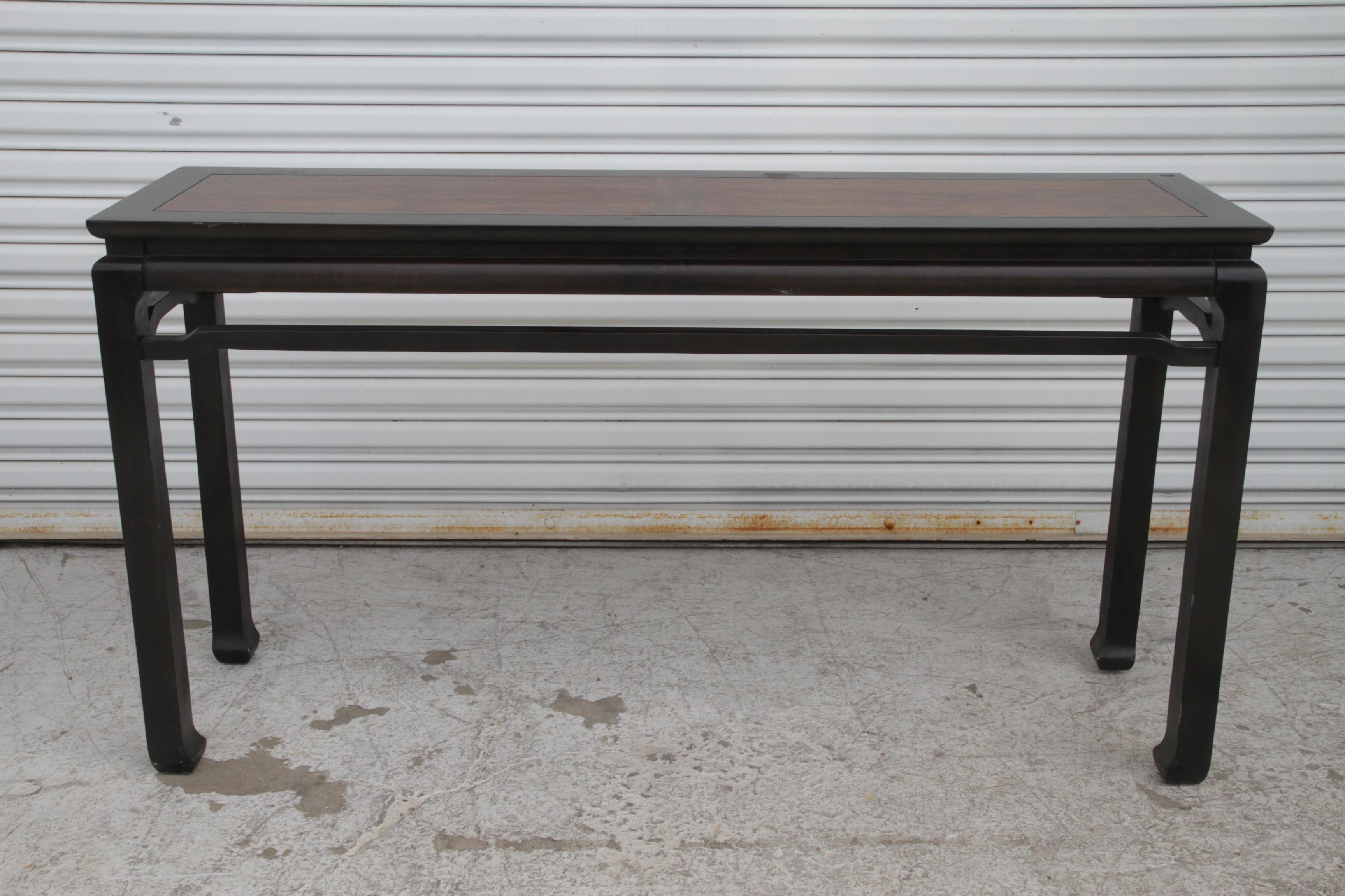 American Walnut and Black Lacquer Chin Hua Console Table with Ming Style Legs For Sale