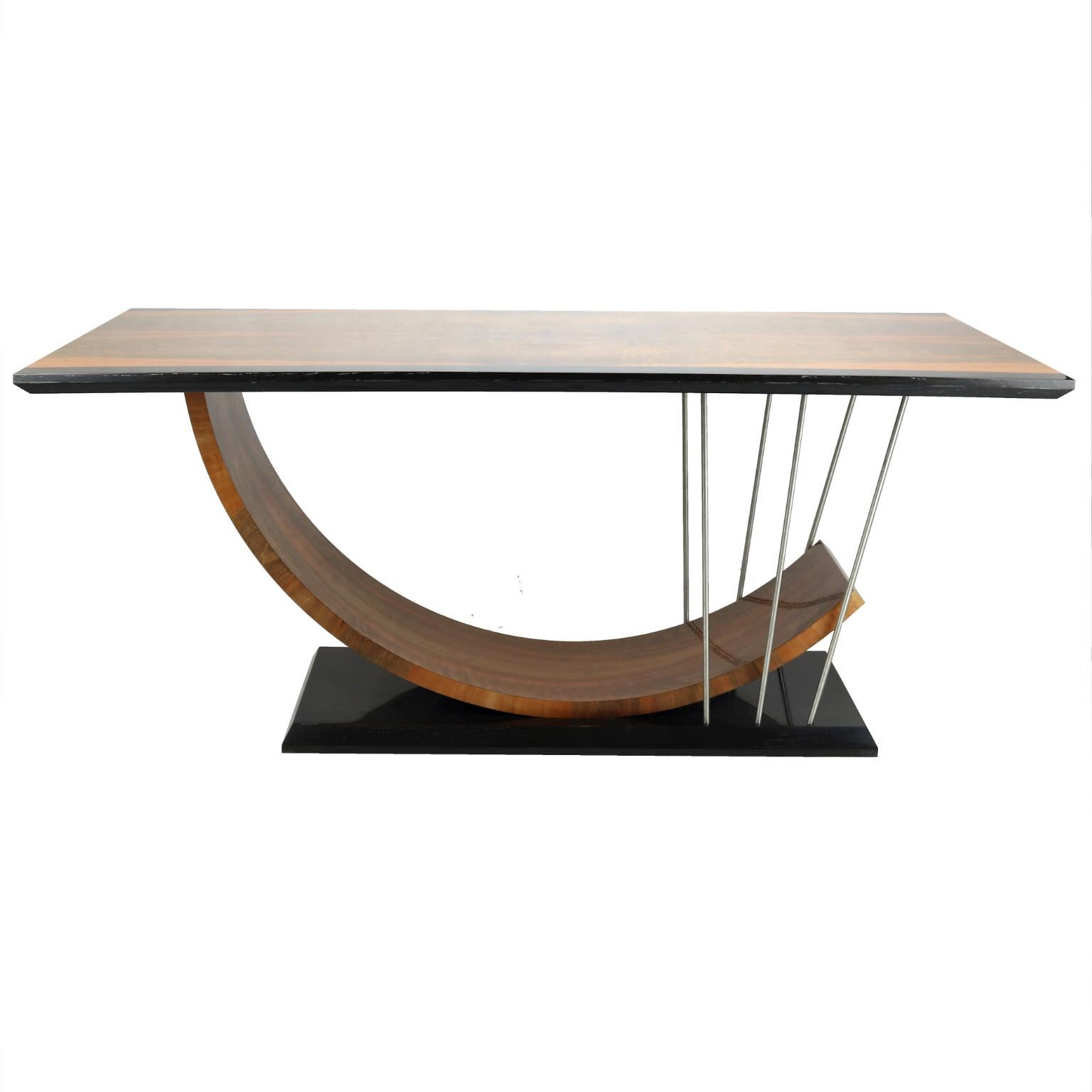 New dining table made of black mud oak wood, walnut weneer and stainless steel. Made to order.
100% handmade.
