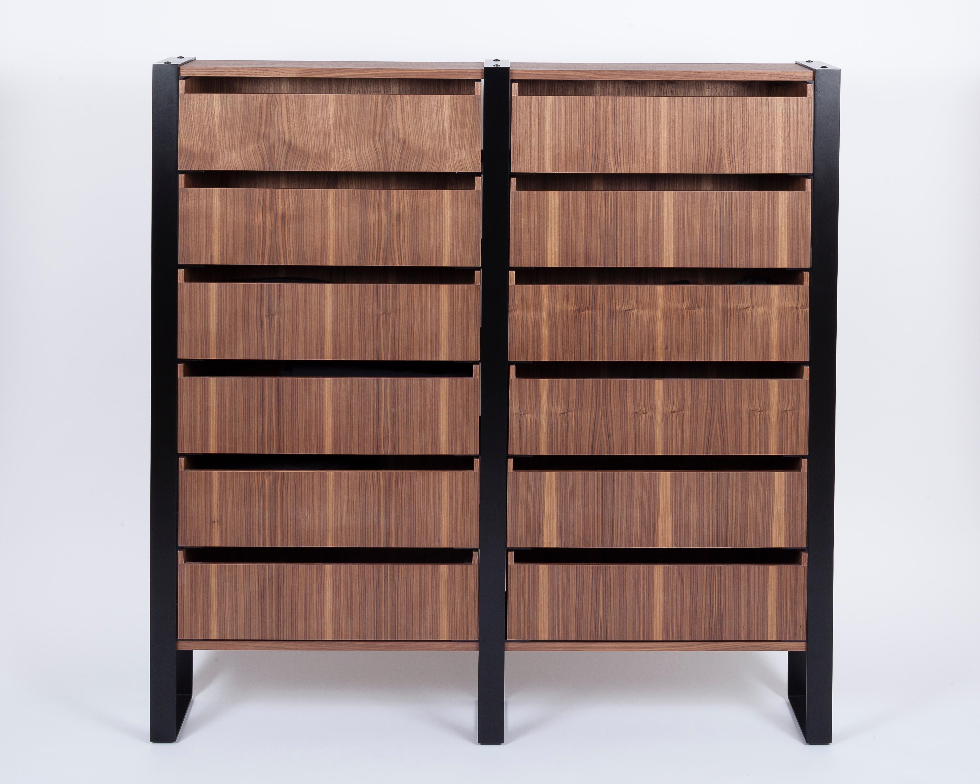 Drawers veneered with real wood and assembled by hand, frame in CRS steel, hand welded and polished, the Severin Chest stands out with its high end materials and fine crafting. Slim (only 25cm deep) but wide and tall (130cm wide x 130cm tall), its