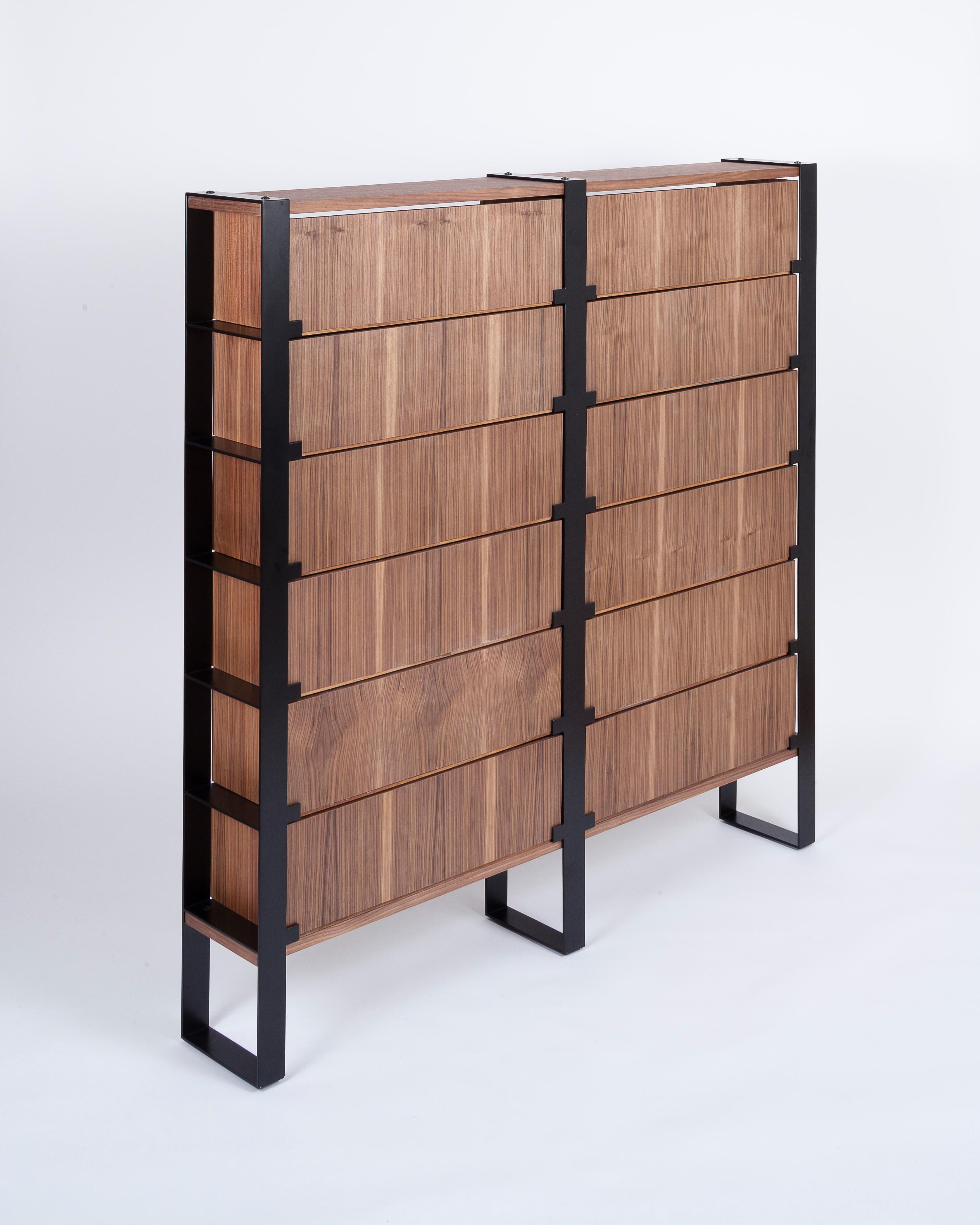Powder-Coated Walnut and Black Steel Chest of Drawers For Sale