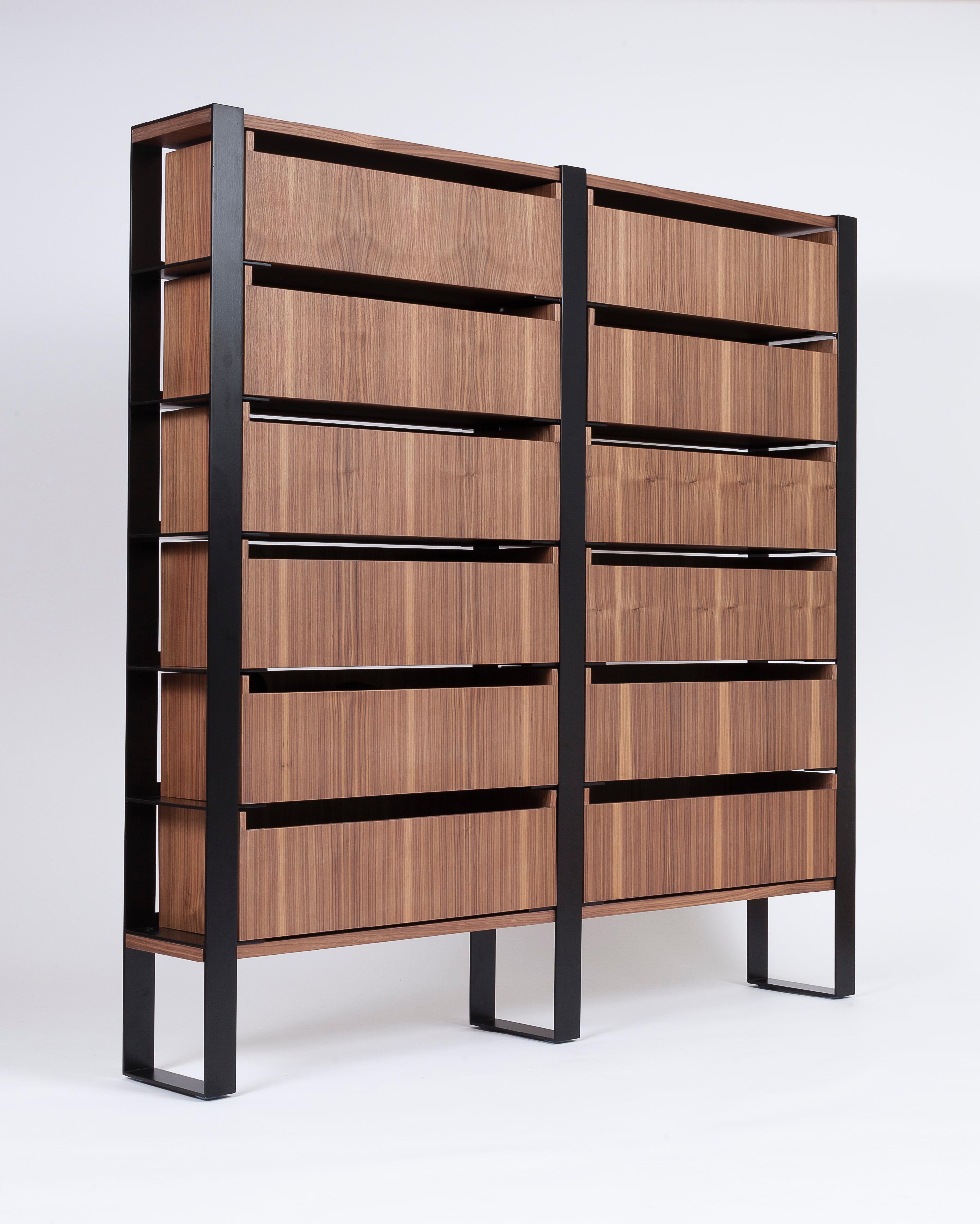 Contemporary Walnut and Black Steel Chest of Drawers For Sale
