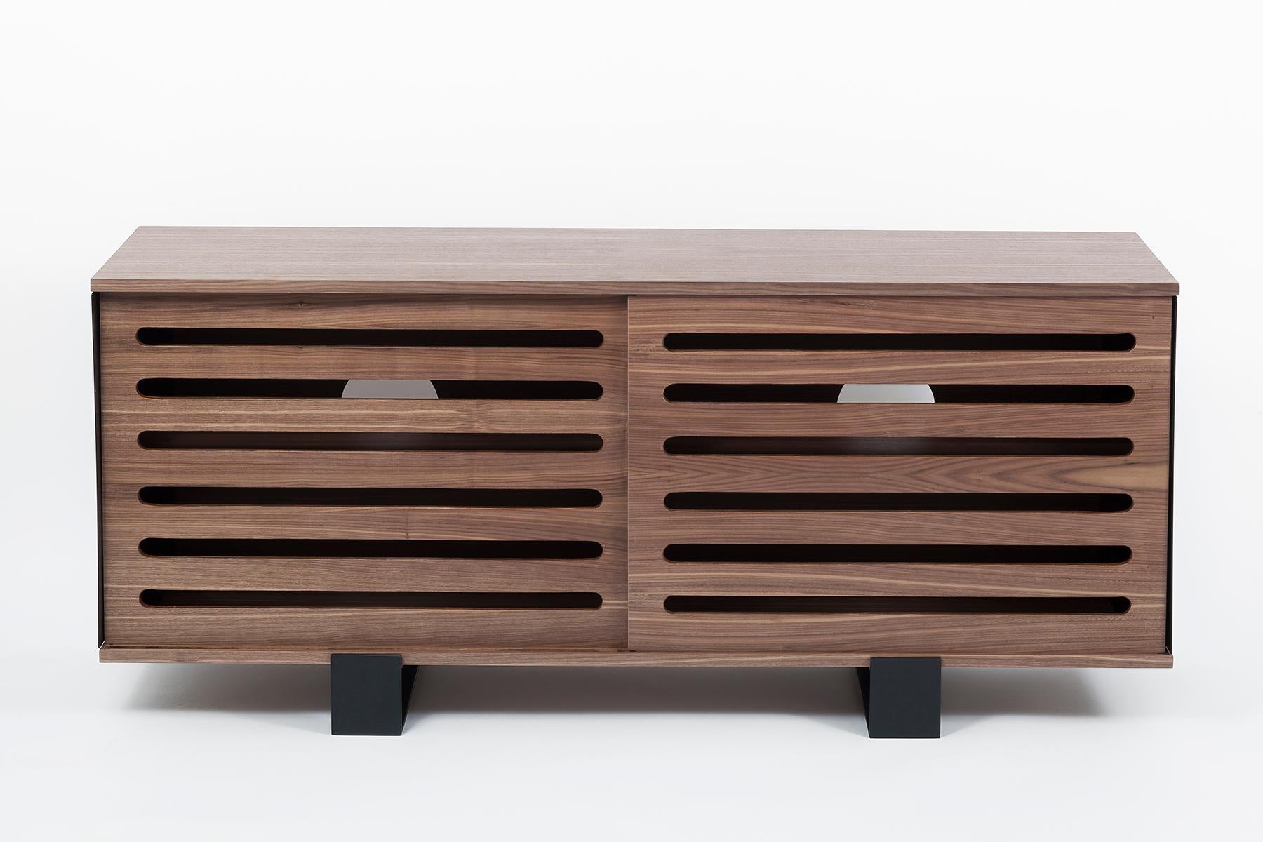 Contemporary Walnut and Black Steel Mid-Century Modern Sideboard For Sale