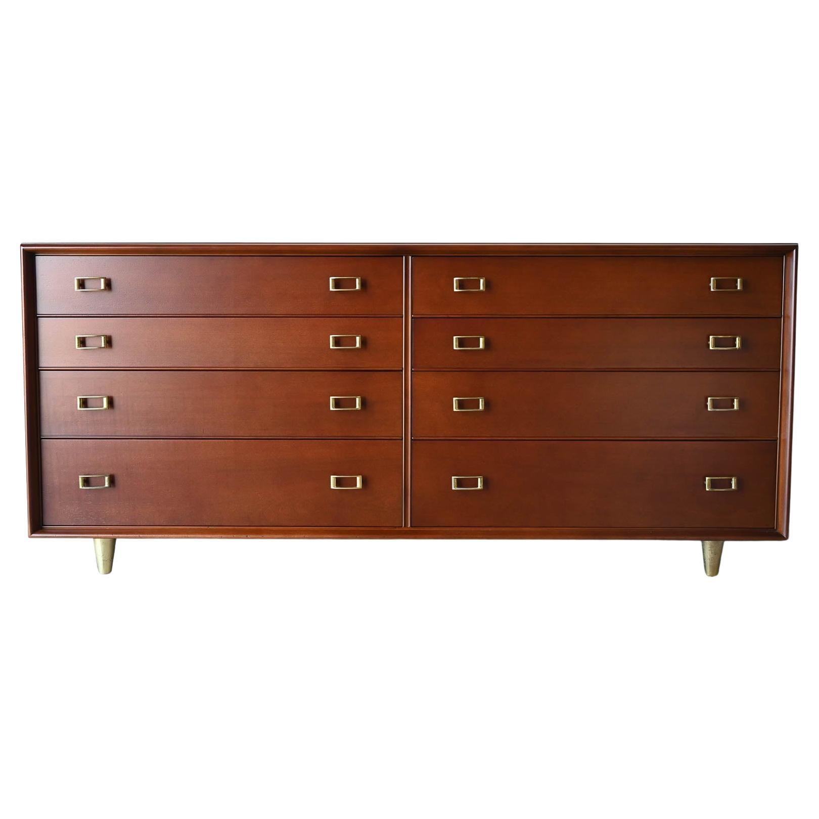 Walnut and Brass 8 Drawer Dresser by Paul Frankl, ca. 1960 For Sale