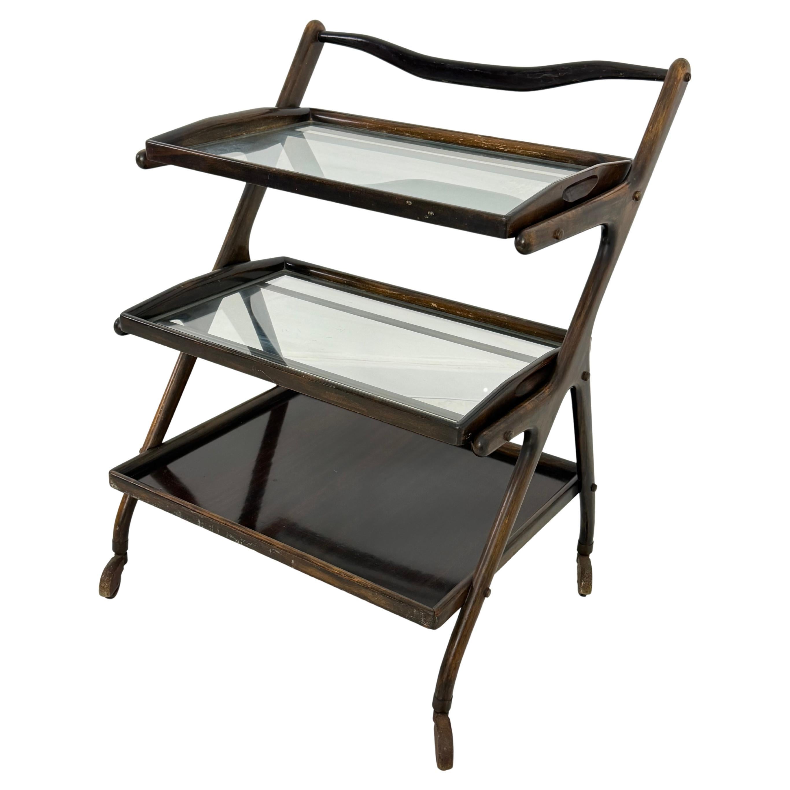 Walnut and Brass Bar Cart, attributed to Cesare Lacca, 1950s For Sale
