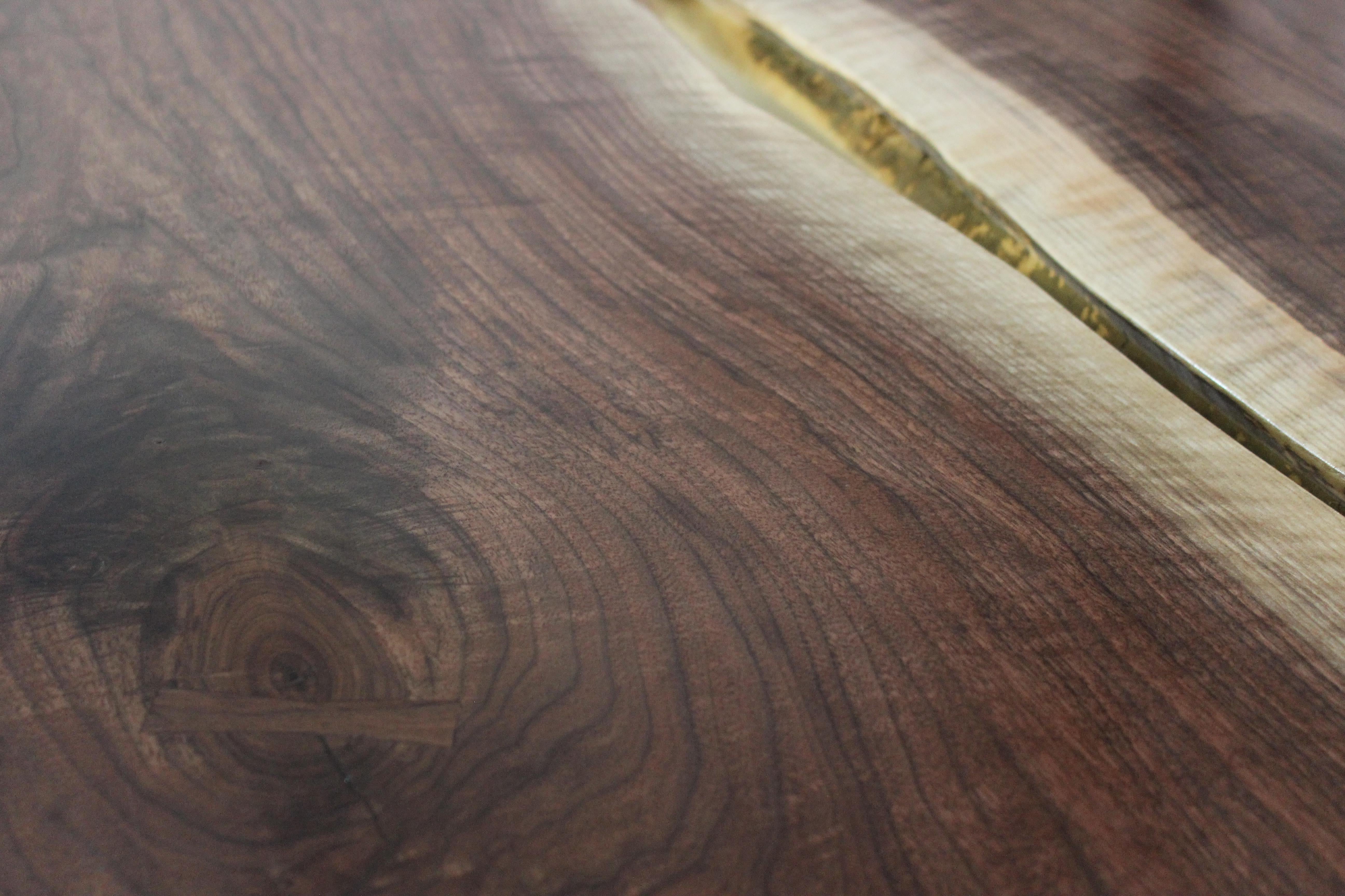 Walnut and Brass Canyon Dining Table II with Live Edge Inlay and Trestle Base 3