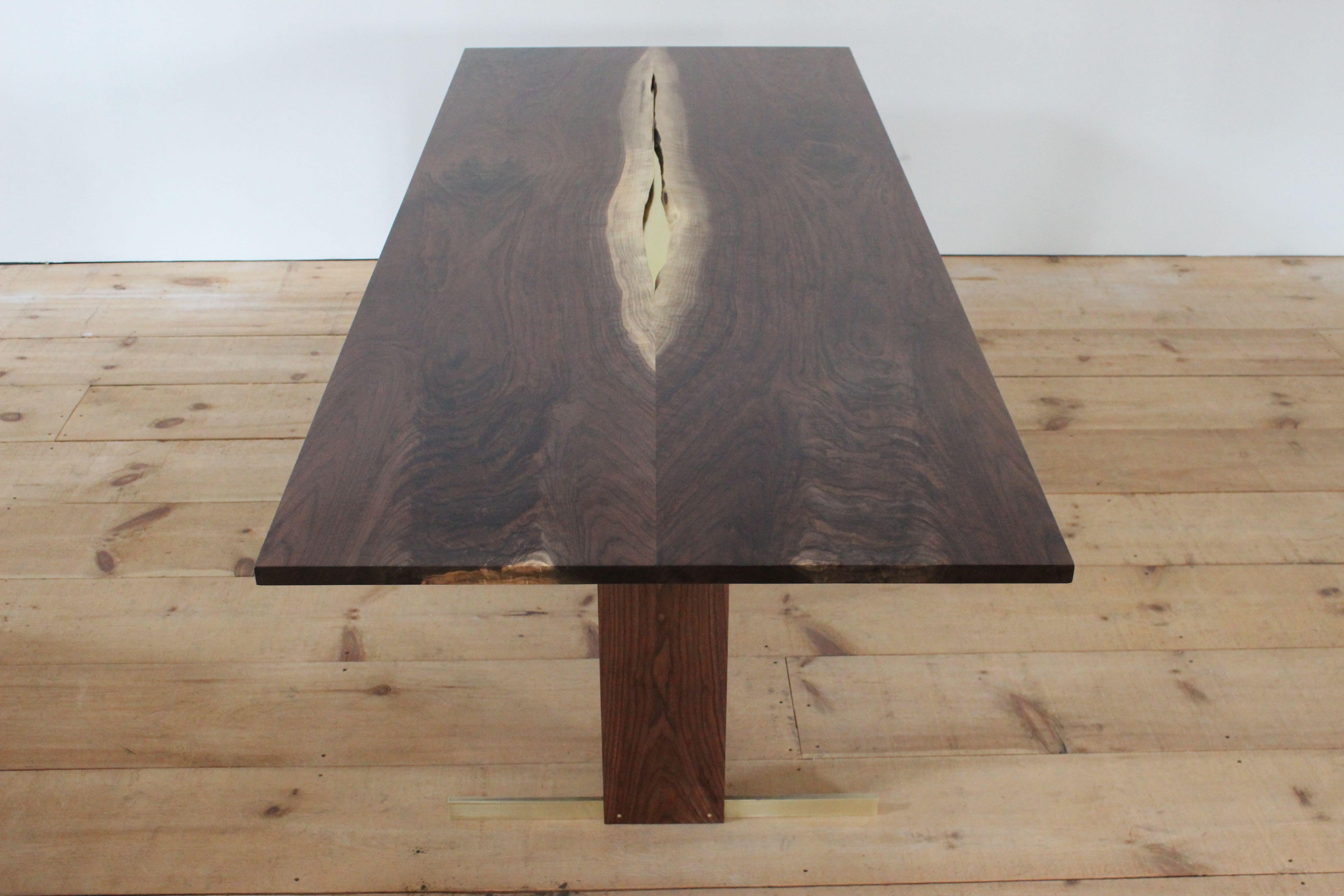 Walnut and Brass Canyon Dining Table II with Live Edge Inlay and Trestle Base 5