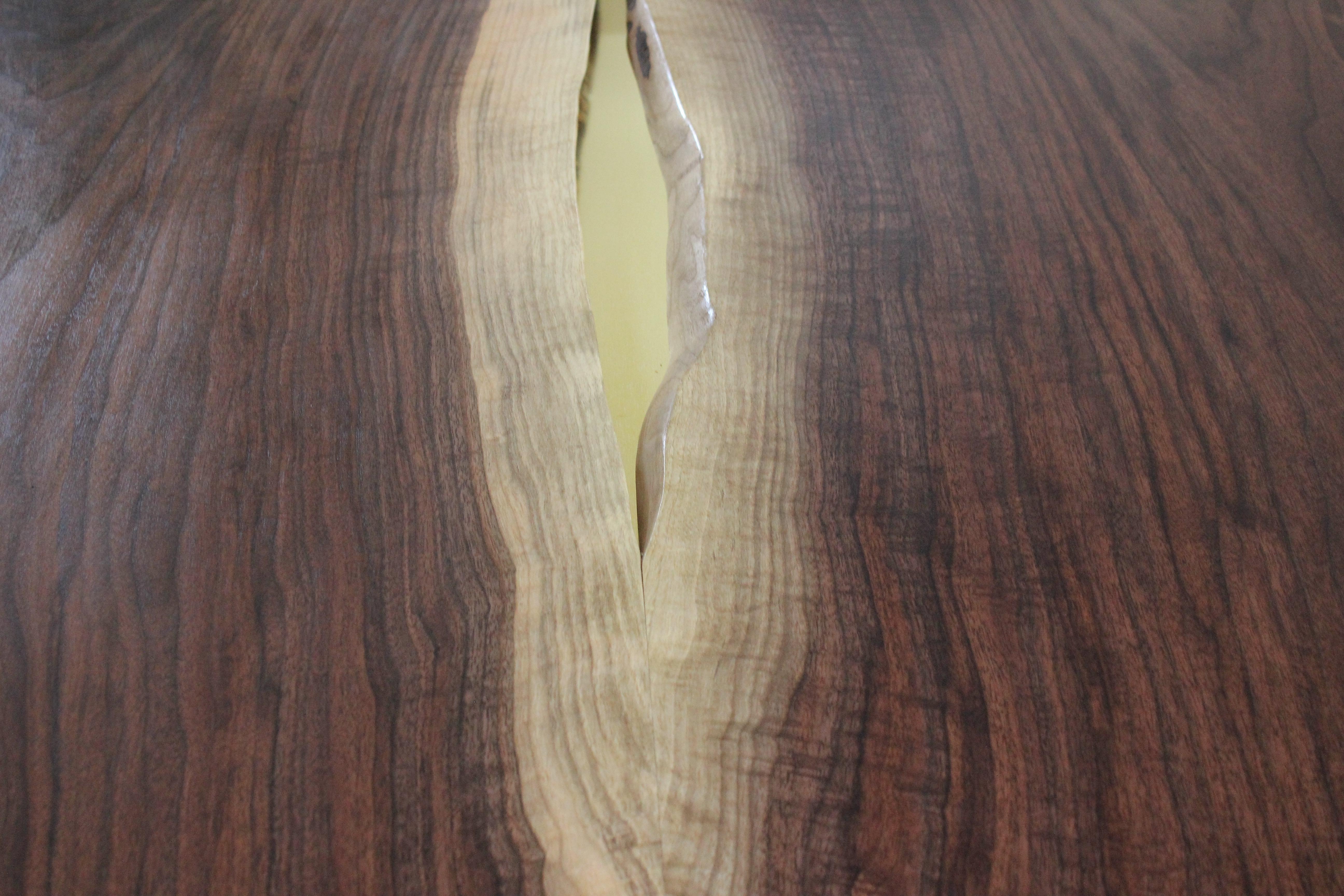 American Walnut and Brass Canyon Dining Table II with Live Edge Inlay and Trestle Base