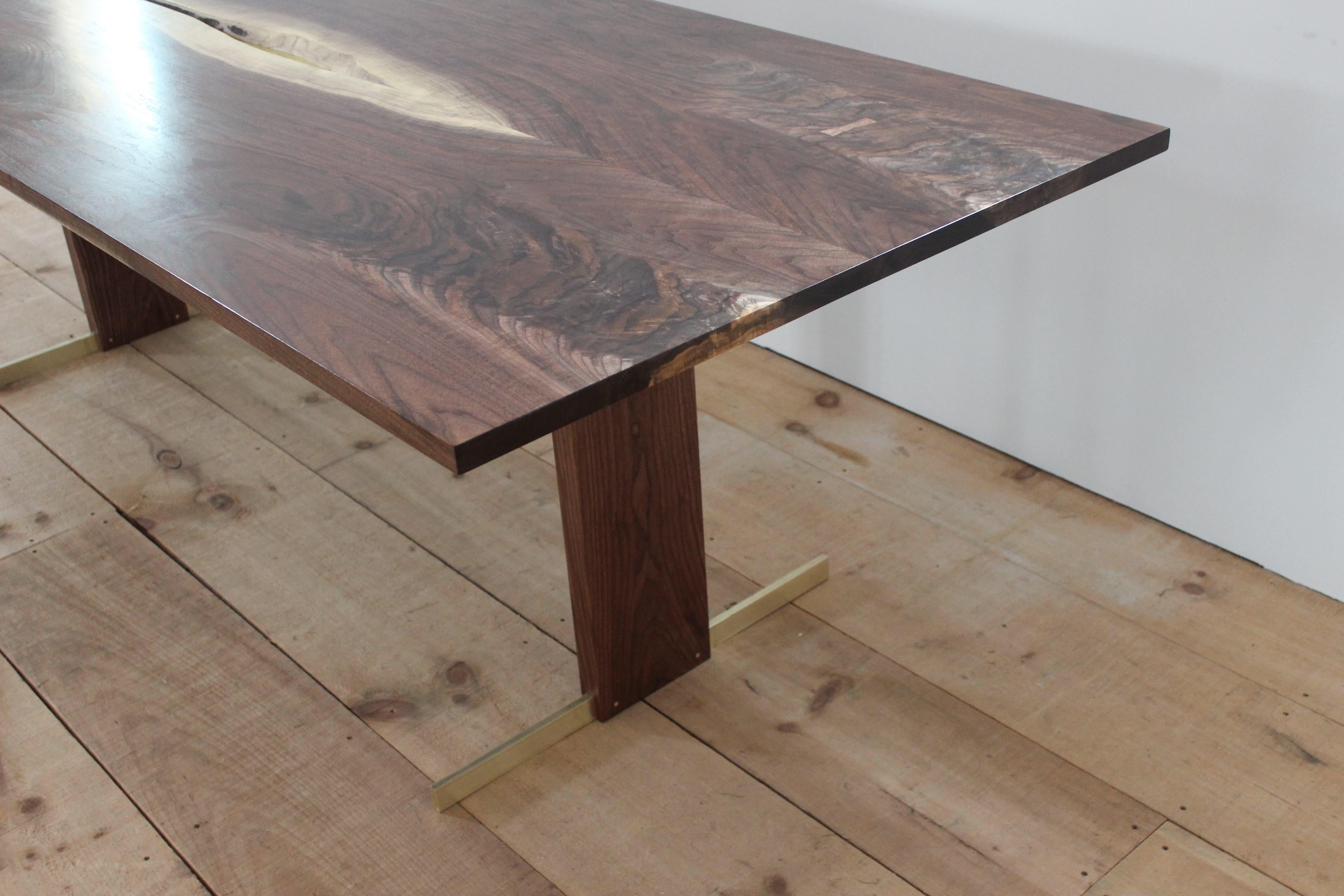 Walnut and Brass Canyon Dining Table II with Live Edge Inlay and Trestle Base In New Condition In Gallatin, NY
