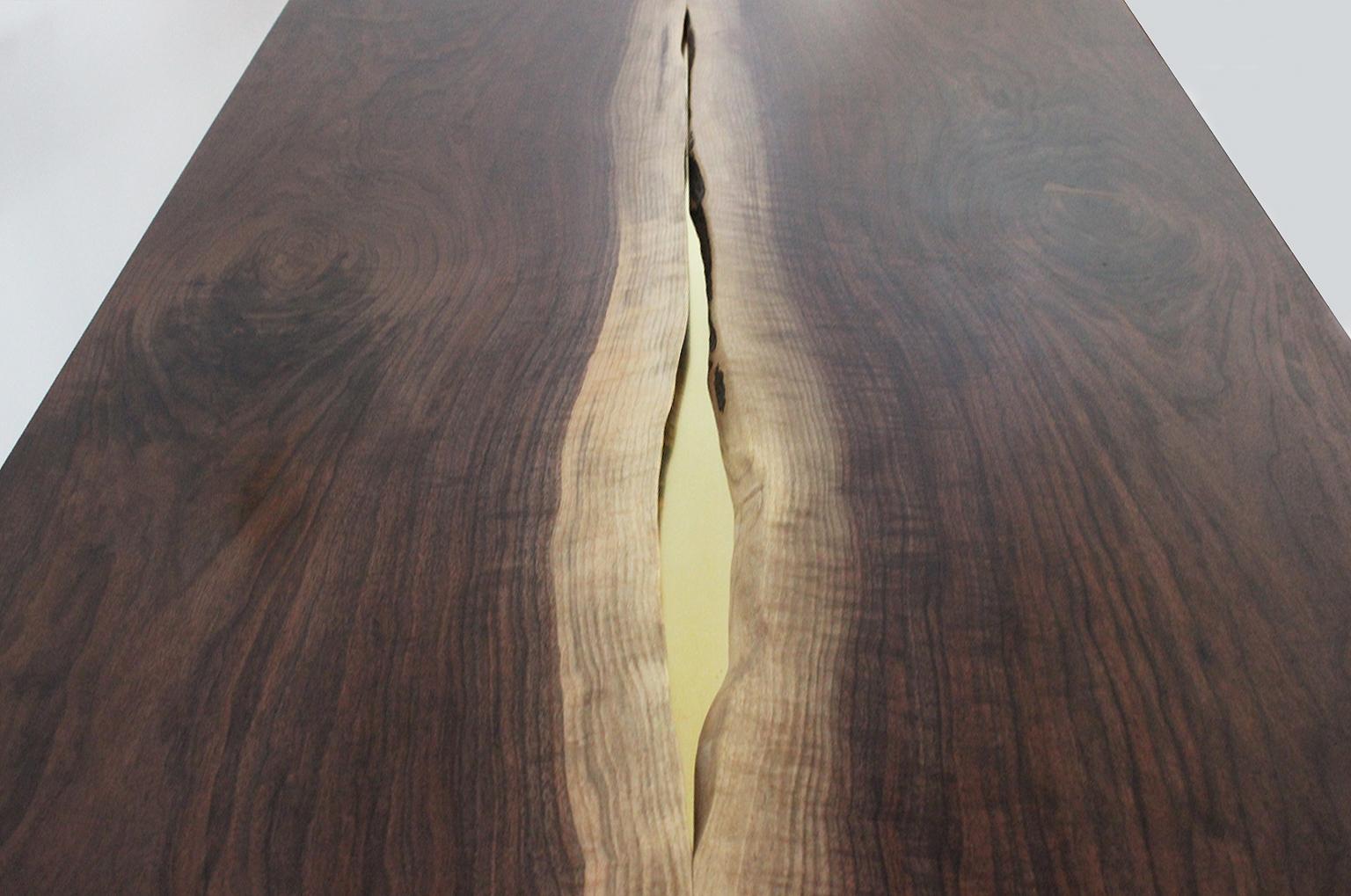 Walnut and Brass Canyon Dining Table II with Live Edge Inlay and Trestle Base 1