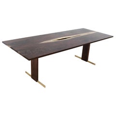 Walnut and Brass Canyon Dining Table II with Live Edge Inlay and Trestle Base
