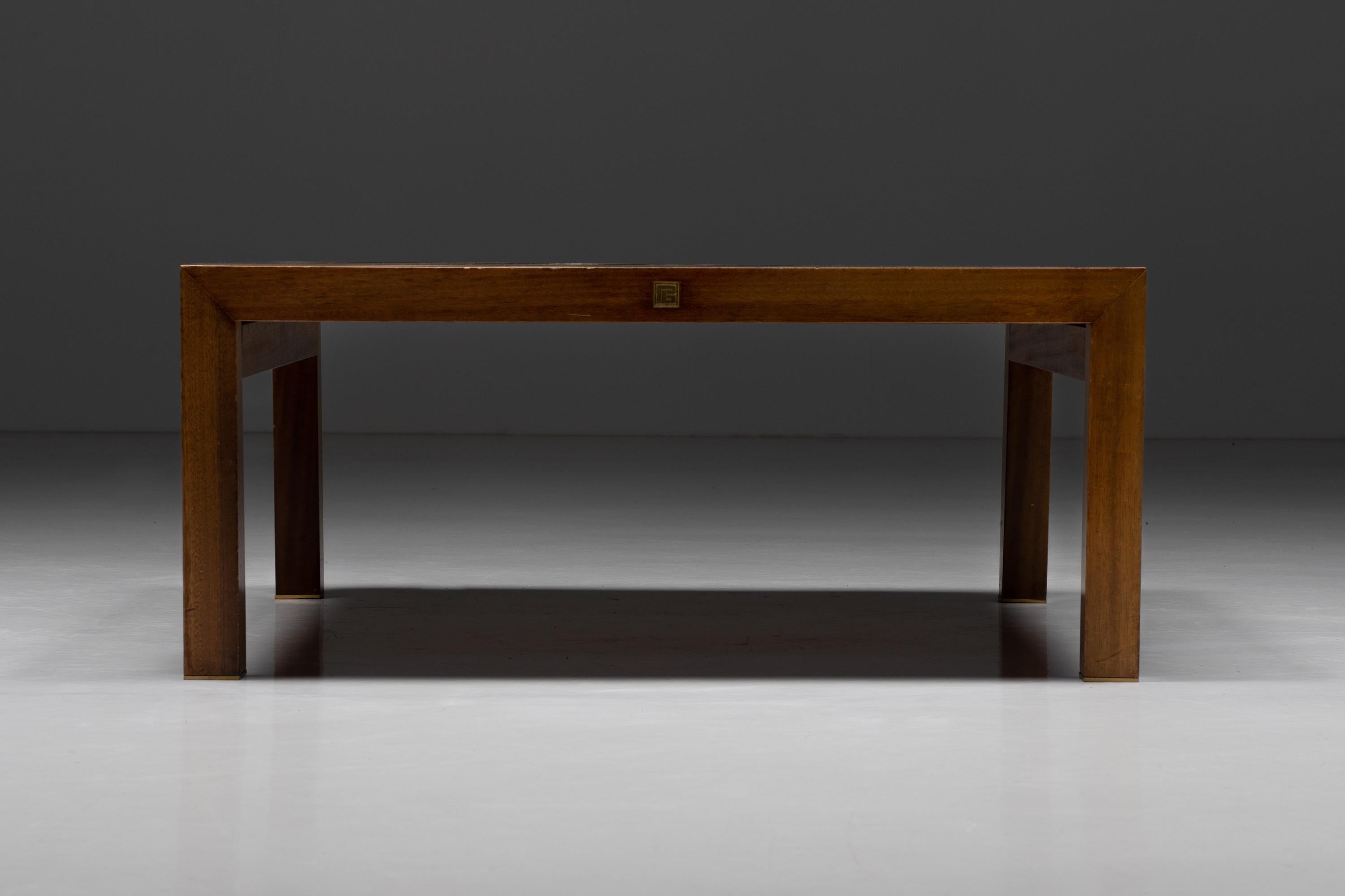 Mid-Century Modern Walnut and Brass Coffee Table by Pierre Balmain, France, 1980s For Sale