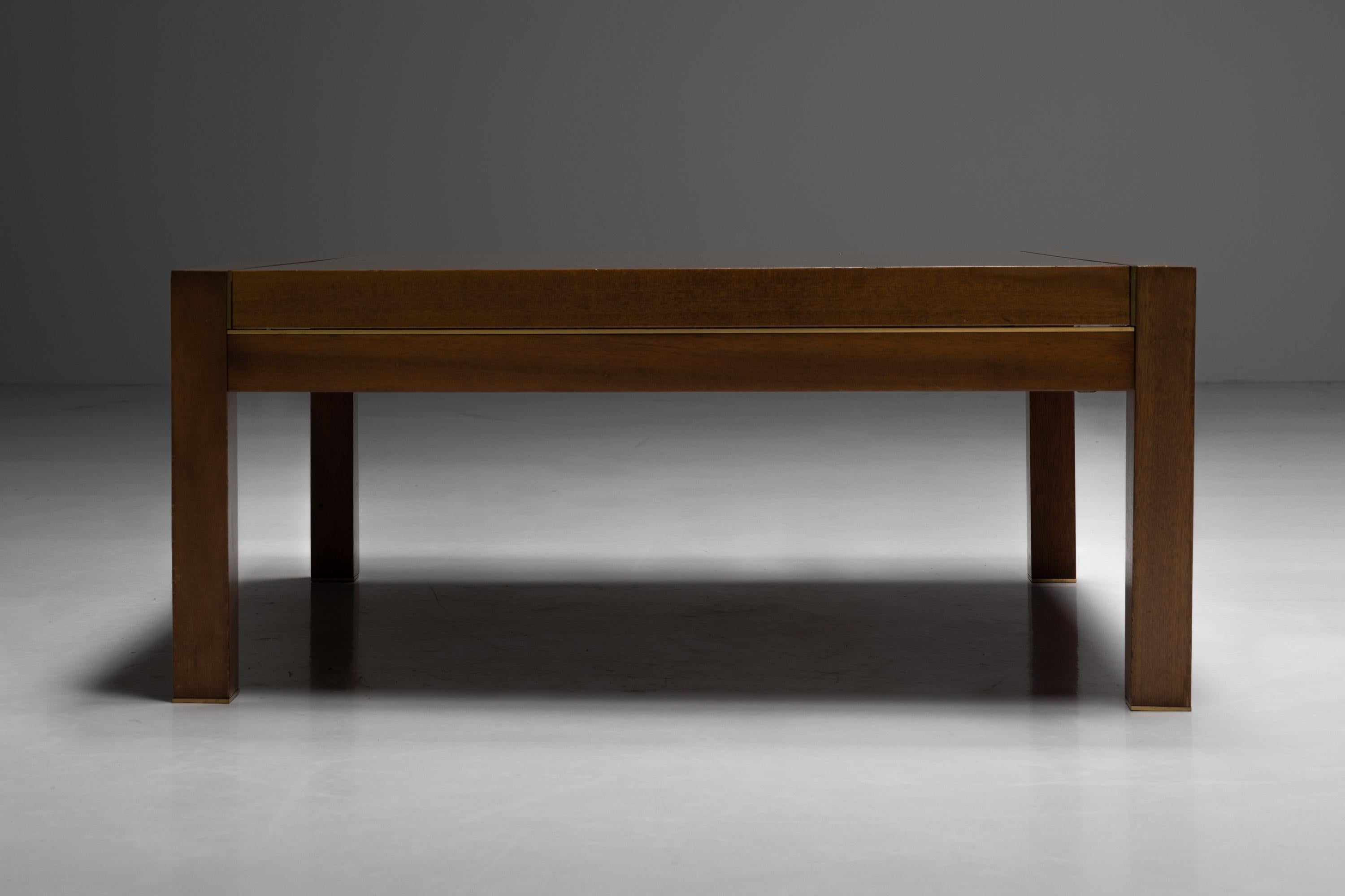 French Walnut and Brass Coffee Table by Pierre Balmain, France, 1980s For Sale