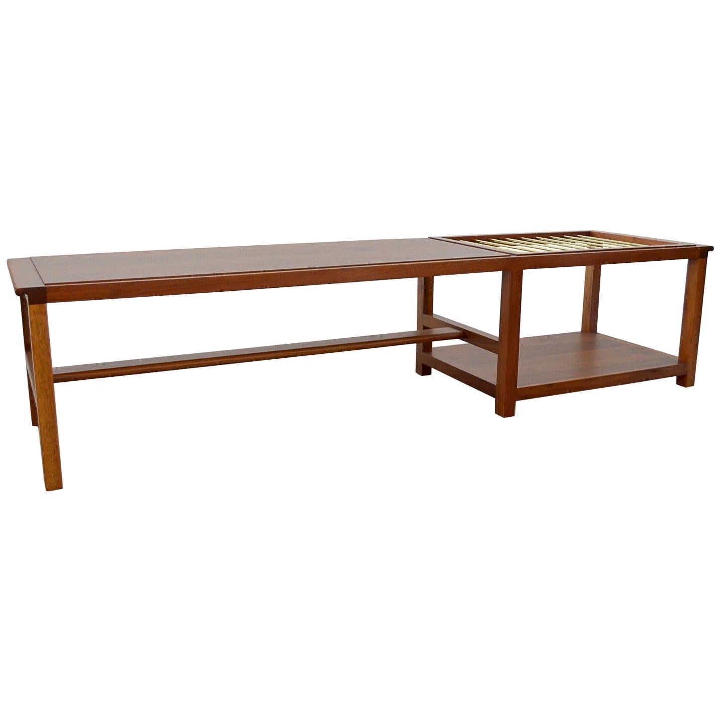 Walnut and Brass Coffee Table with Magazine Rack by Dunbar For Sale
