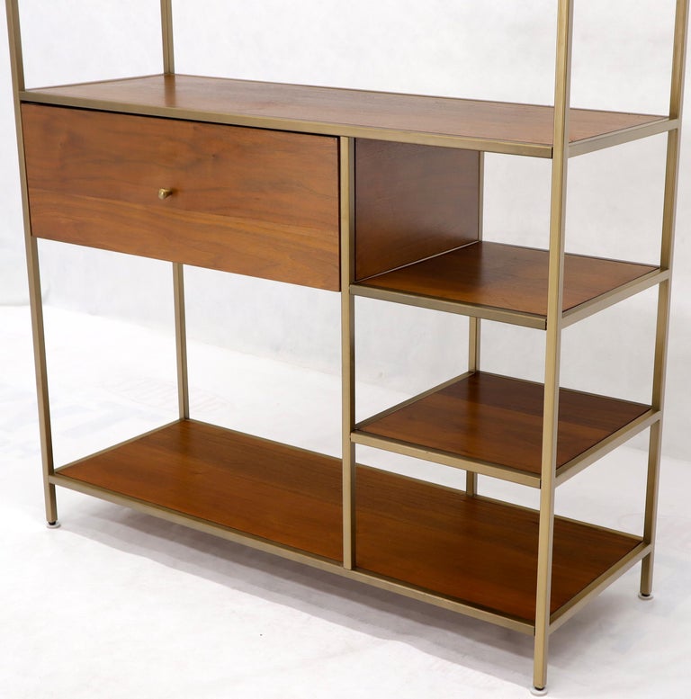 Walnut and Brass Etagere Bookcase Shelving Wall Unit McCobb Style at
