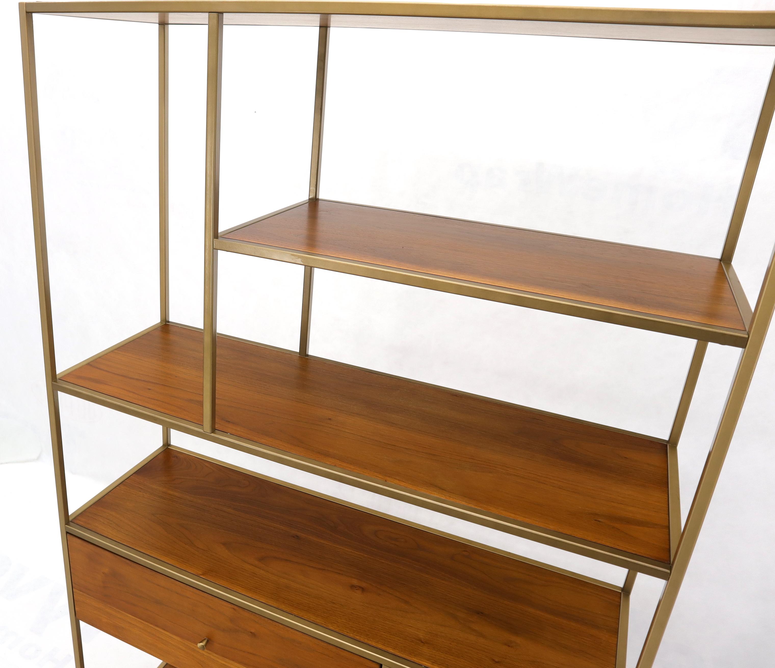 Lacquered Walnut and Brass Etagere Bookcase Shelving Wall Unit McCobb Style