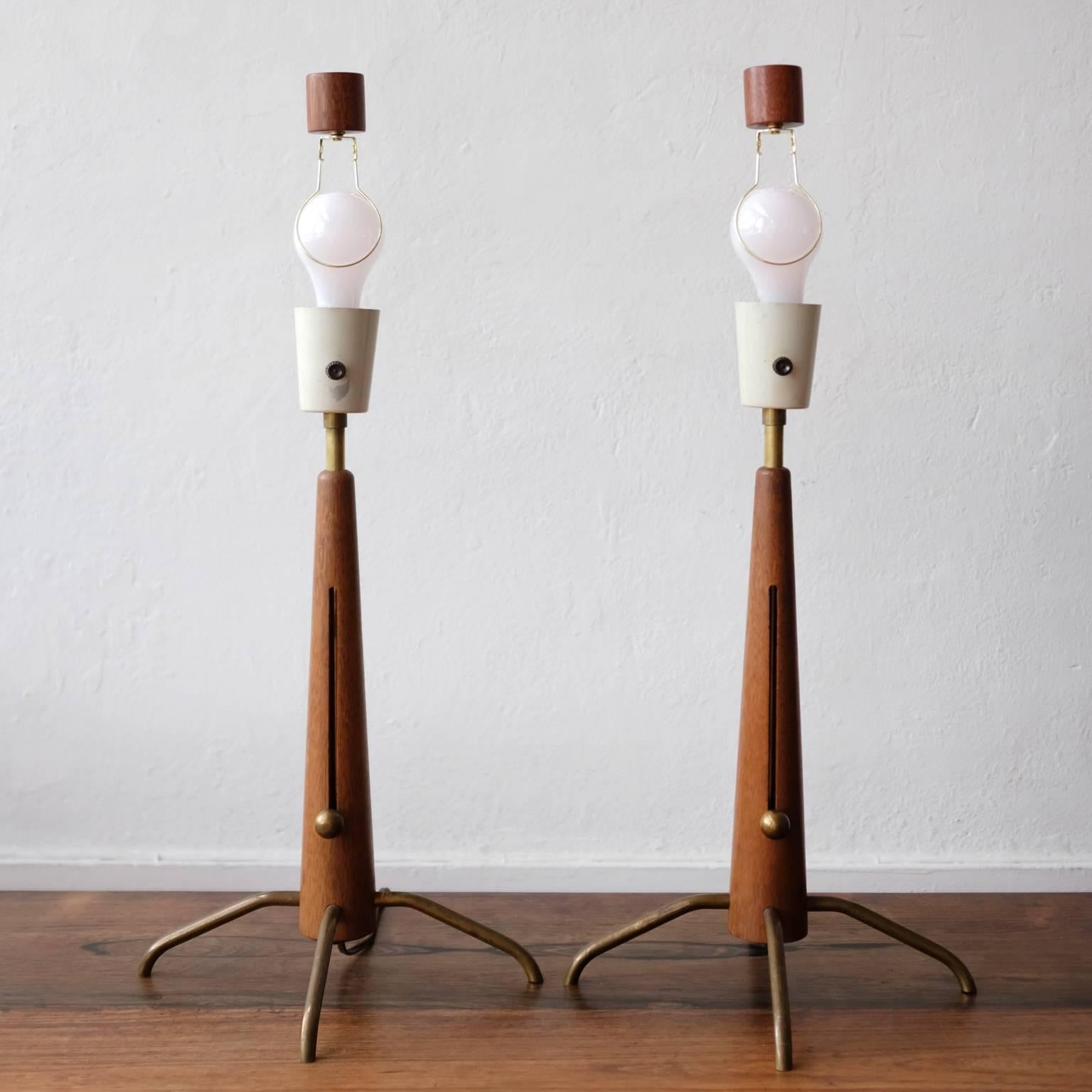 20th Century Walnut and Brass Gerald Thurston Adjustable Height Lamps For Sale