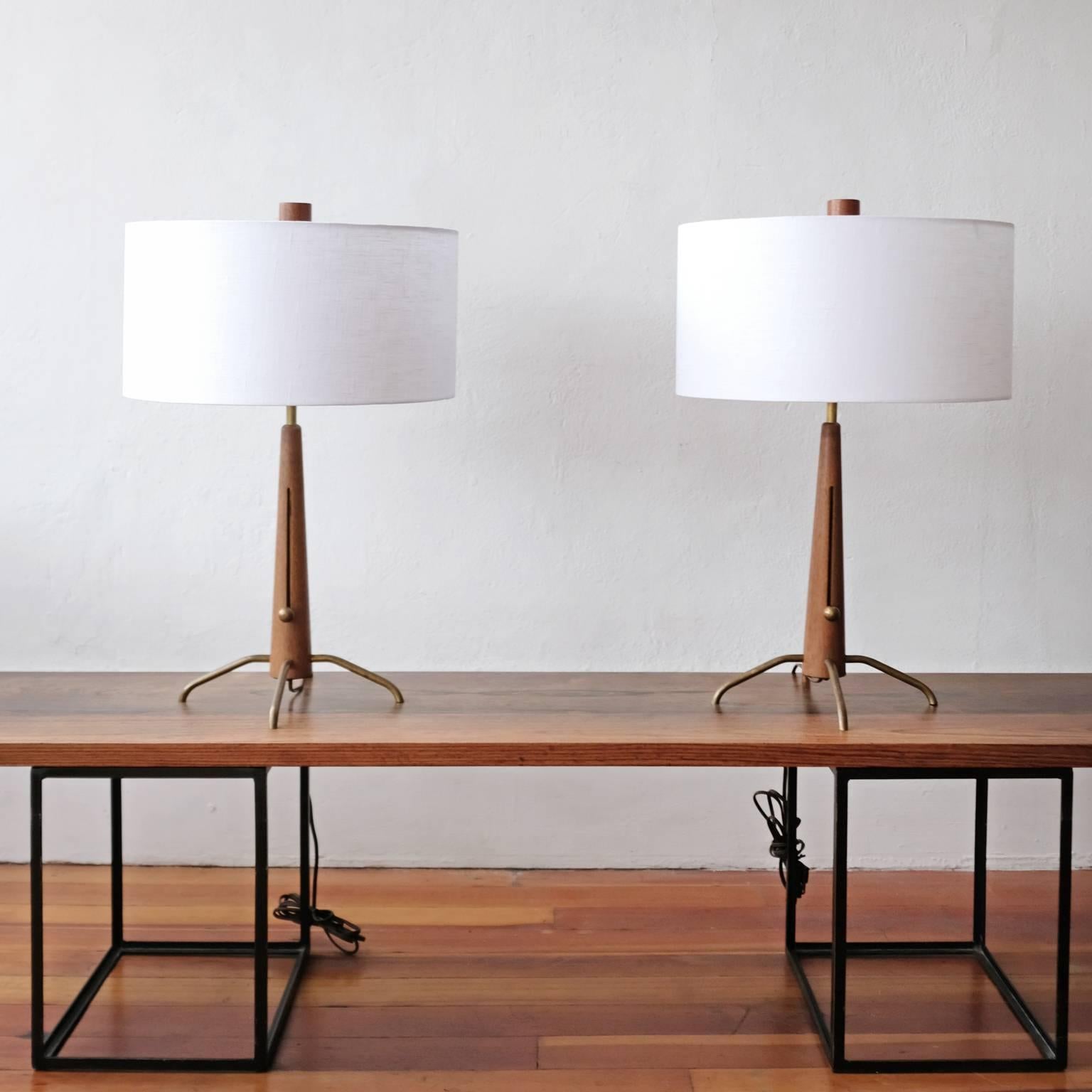 Walnut and Brass Gerald Thurston Adjustable Height Lamps For Sale 3
