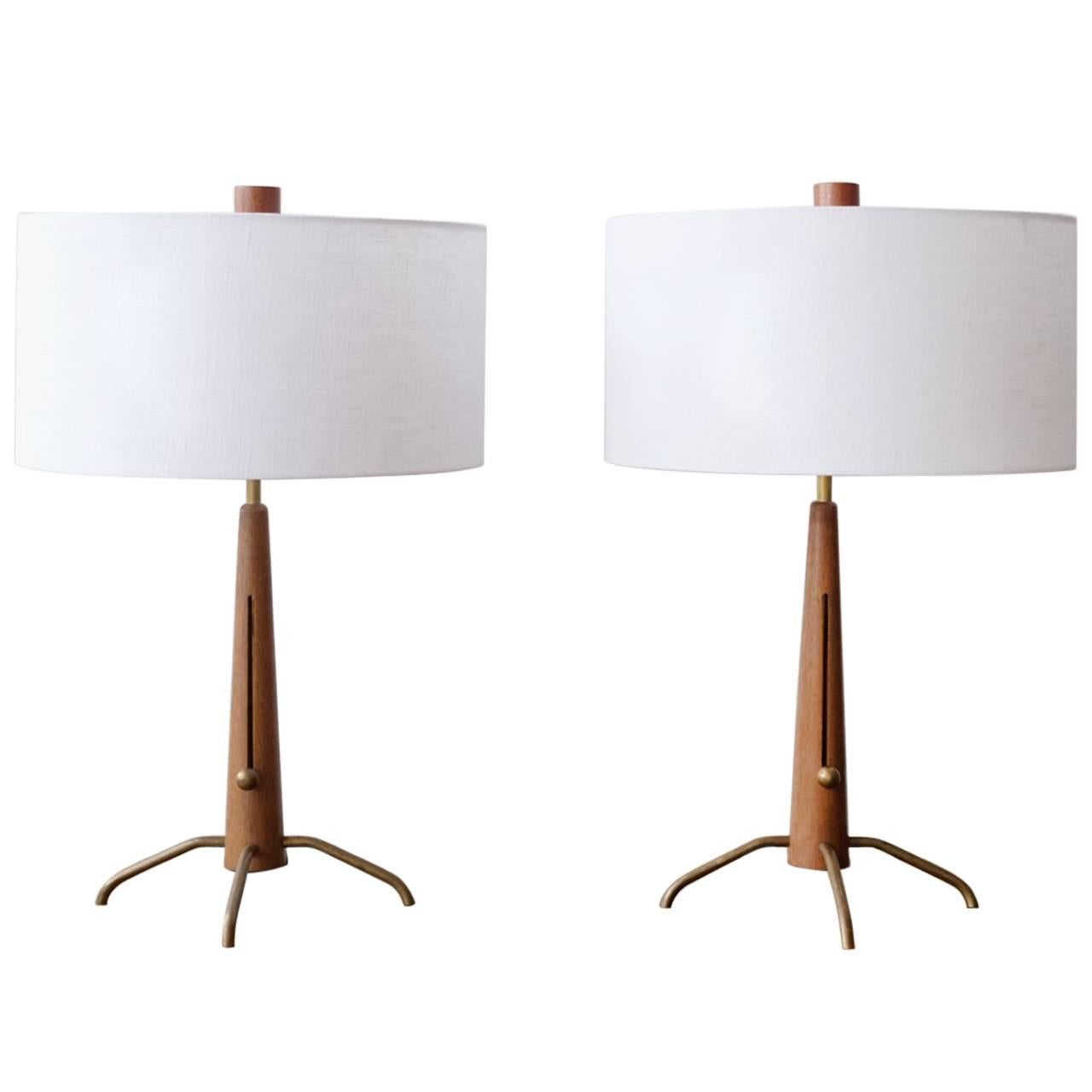 Walnut and Brass Gerald Thurston Adjustable Height Lamps For Sale
