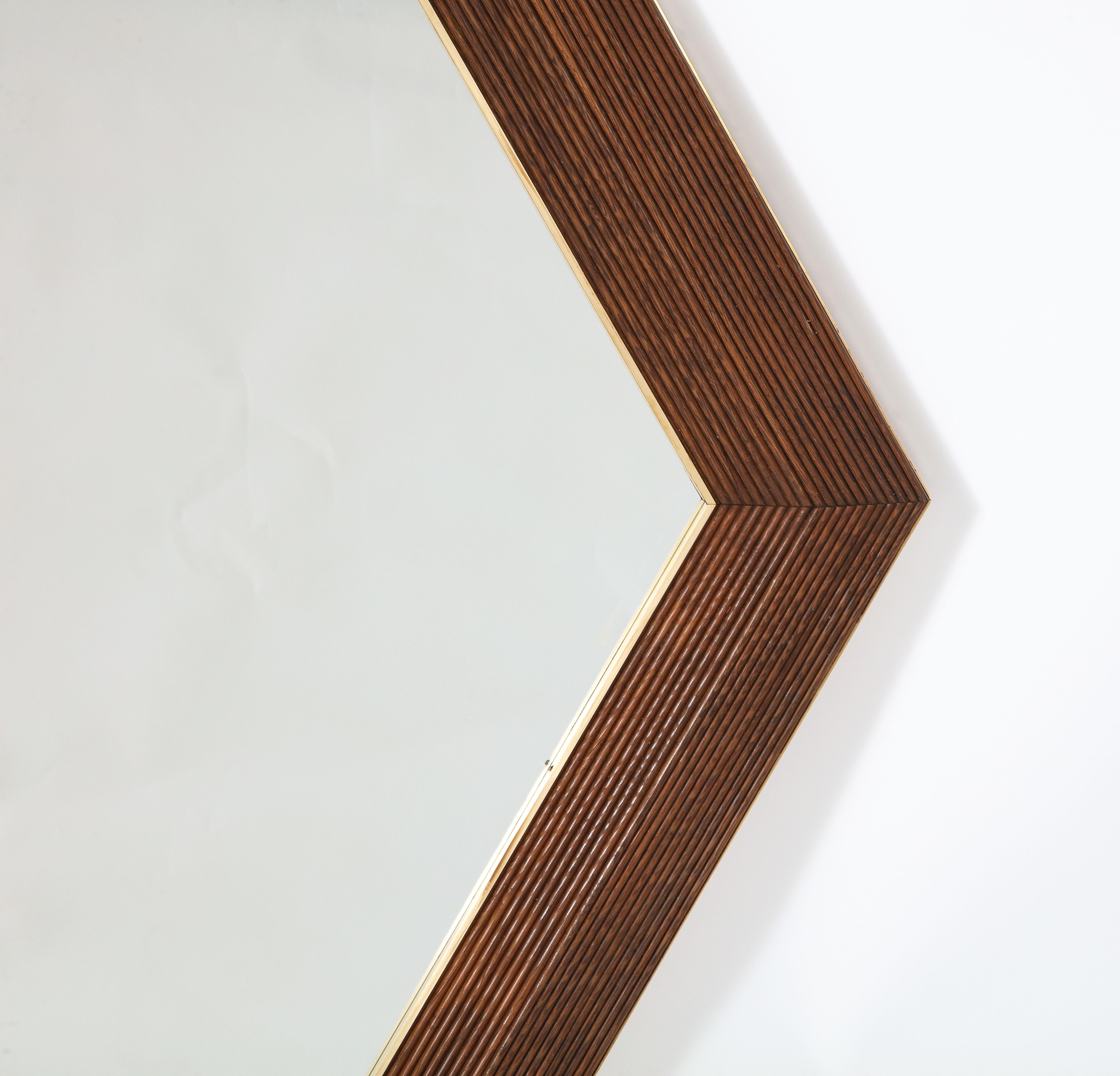 Walnut and Brass Hexagonal Wall Mirror In Excellent Condition In New York, NY