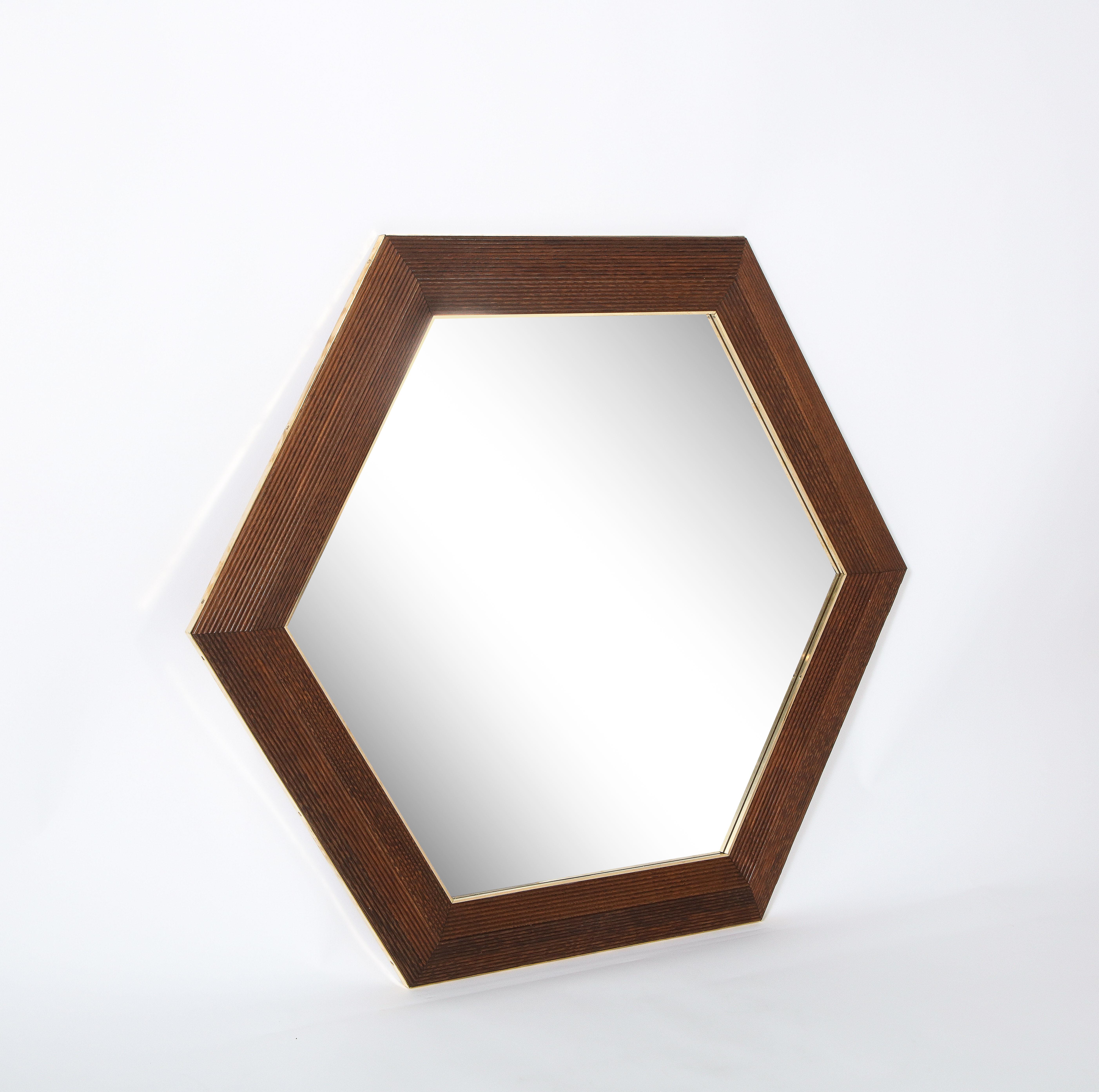 Walnut and Brass Hexagonal Wall Mirror 1