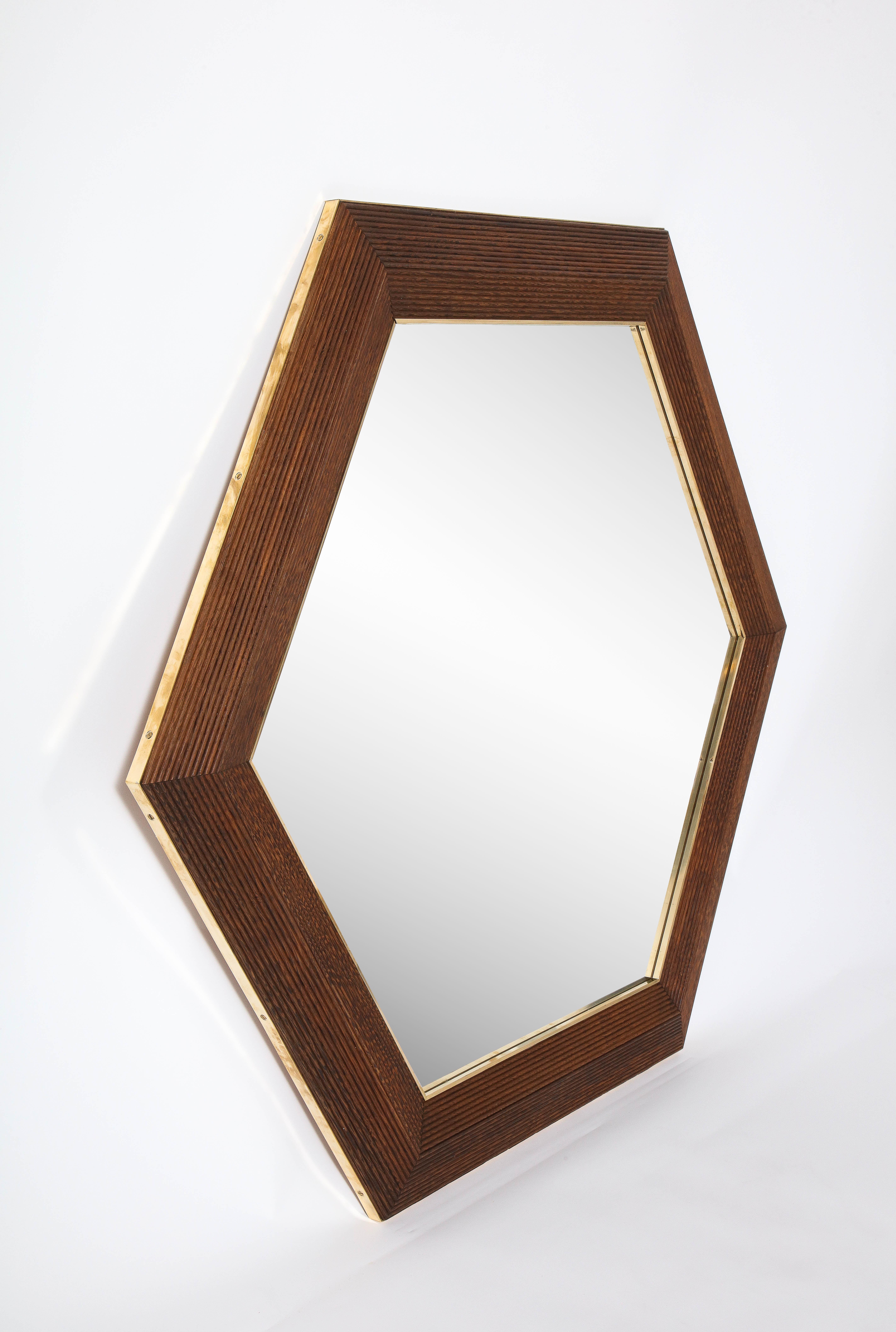 Walnut and Brass Hexagonal Wall Mirror 4