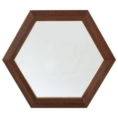 Walnut and Brass Hexagonal Wall Mirror
