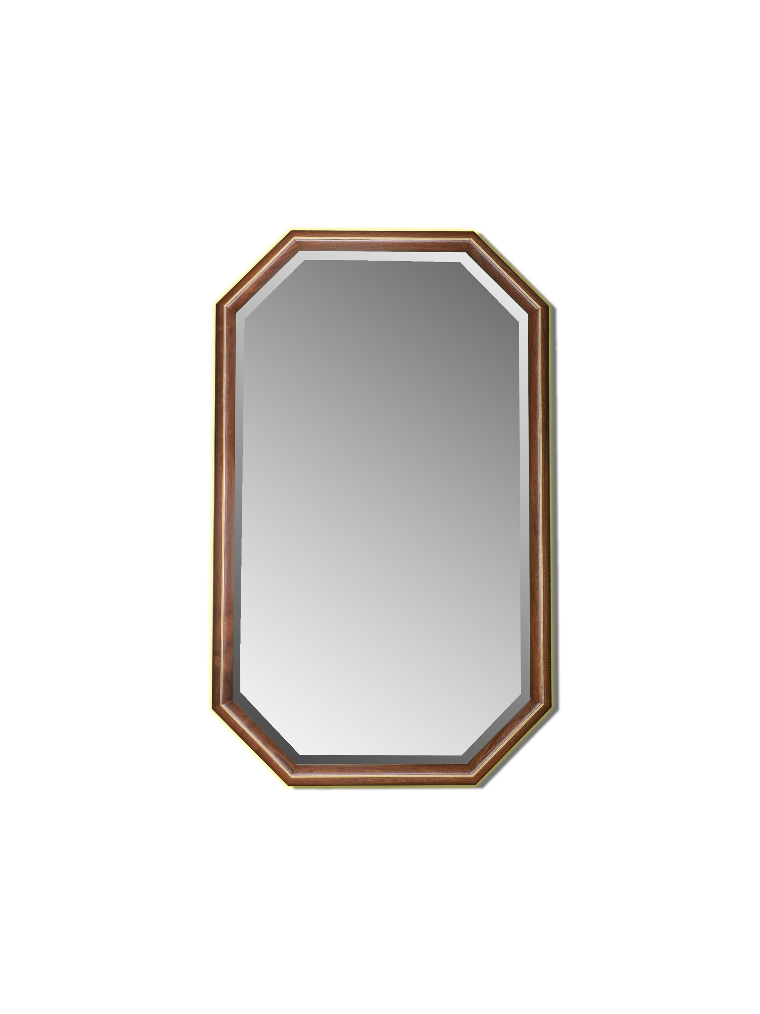 Mid-Century Modern Walnut and Brass Inlay Elongated Octagon Framed Mirror For Sale