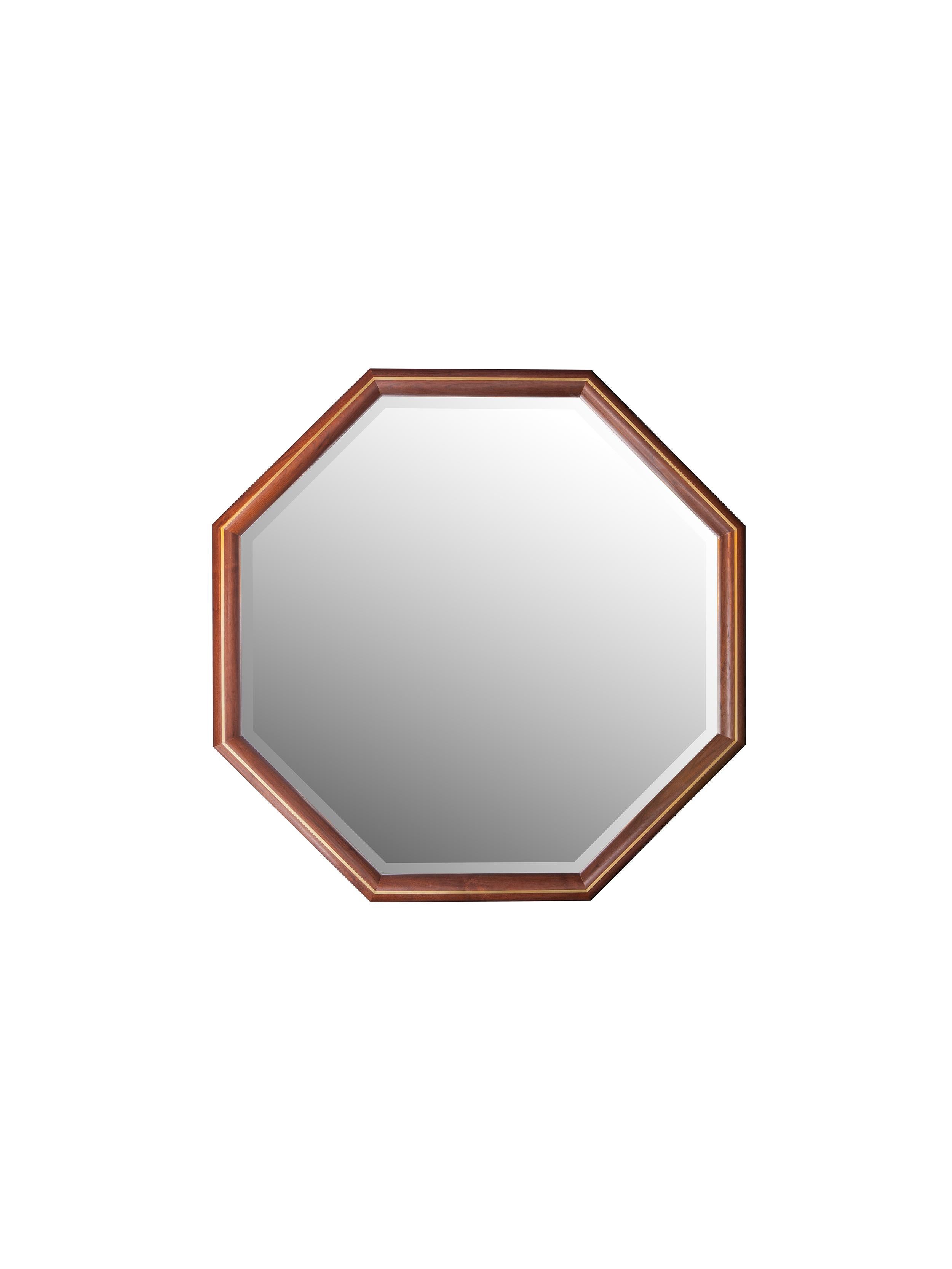 American Walnut and Brass Inlay Octagon Framed Mirror For Sale