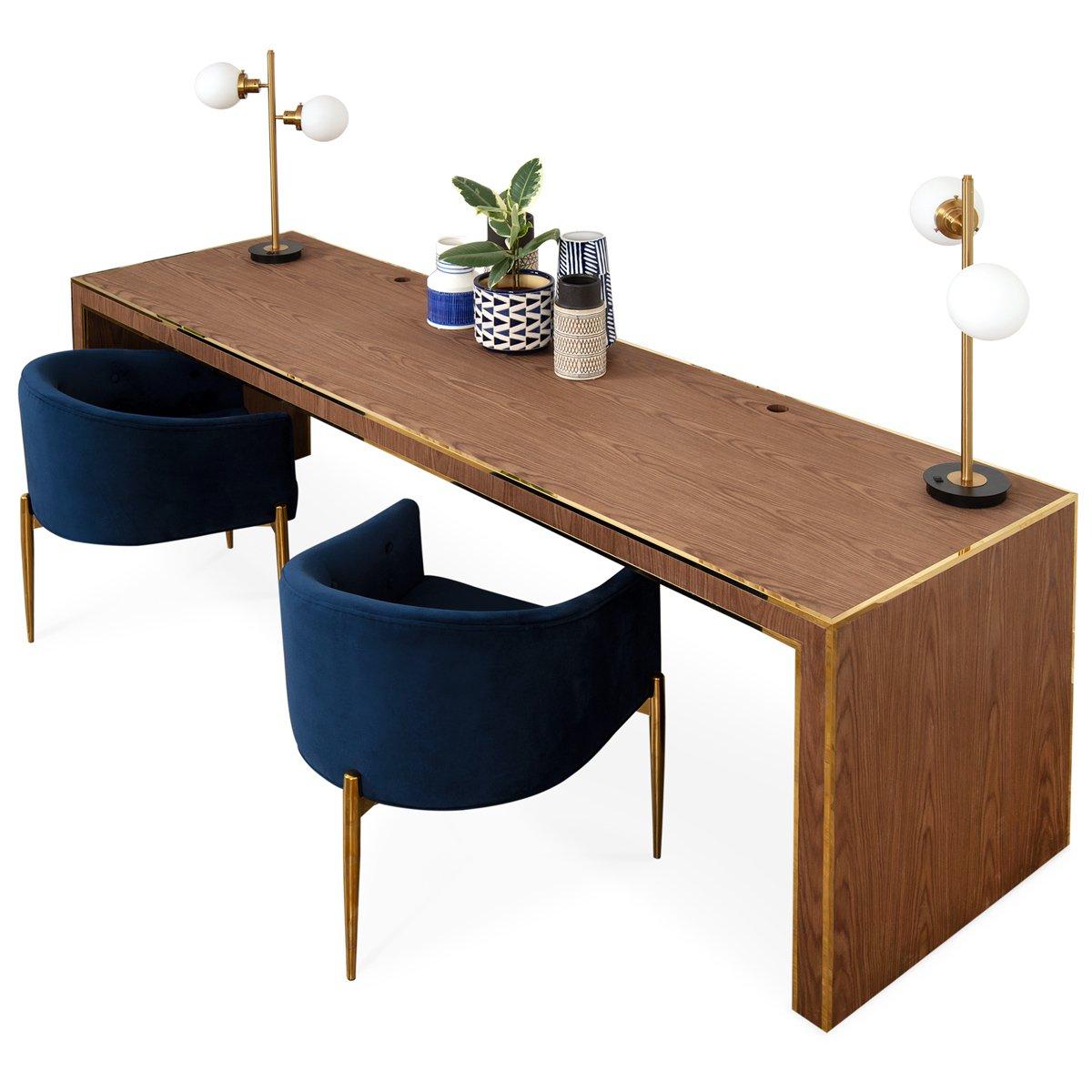 Chinese Walnut and Brass Mid-Century Modern Executive Parsons Desk For Sale