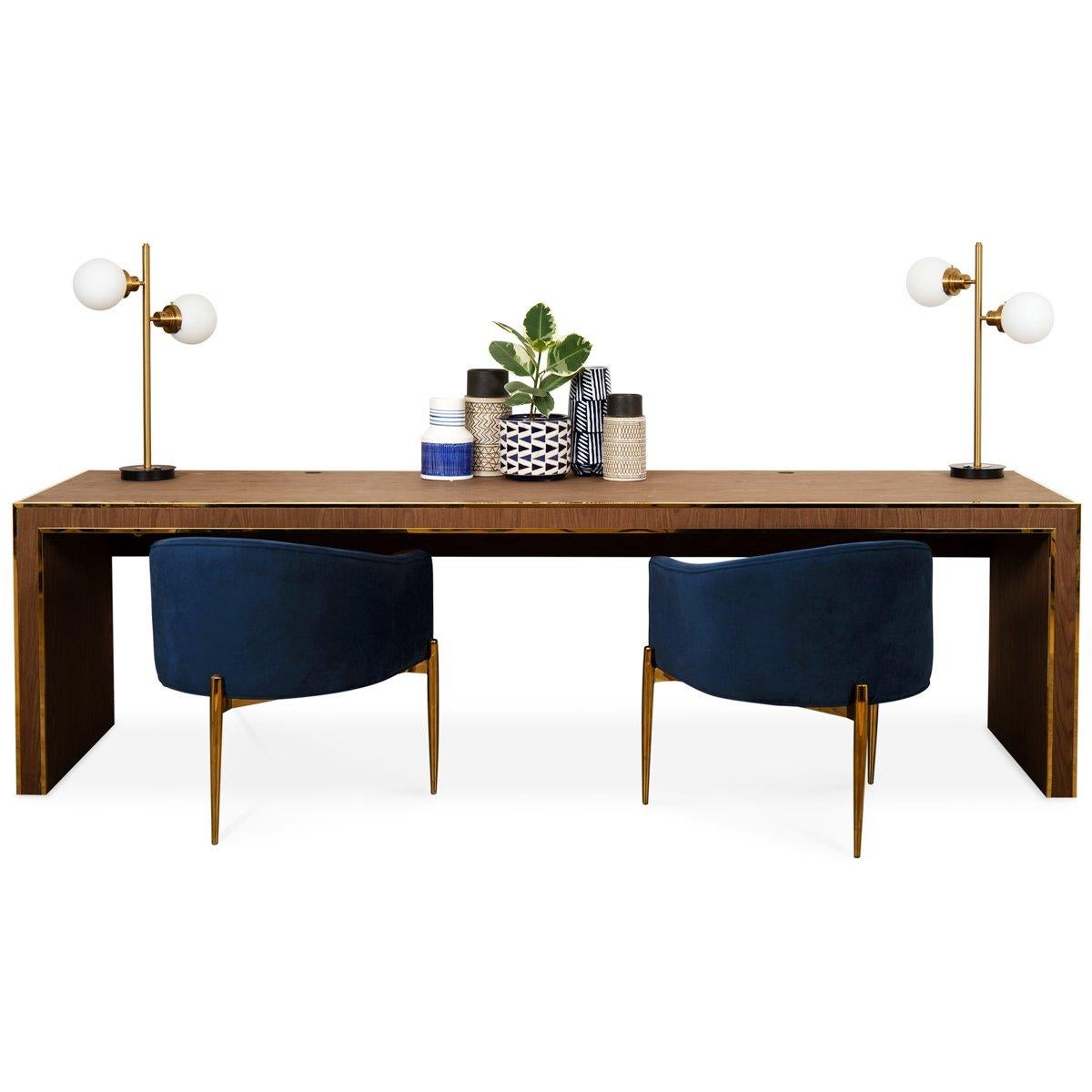 Contemporary Walnut and Brass Mid-Century Modern Executive Parsons Desk For Sale