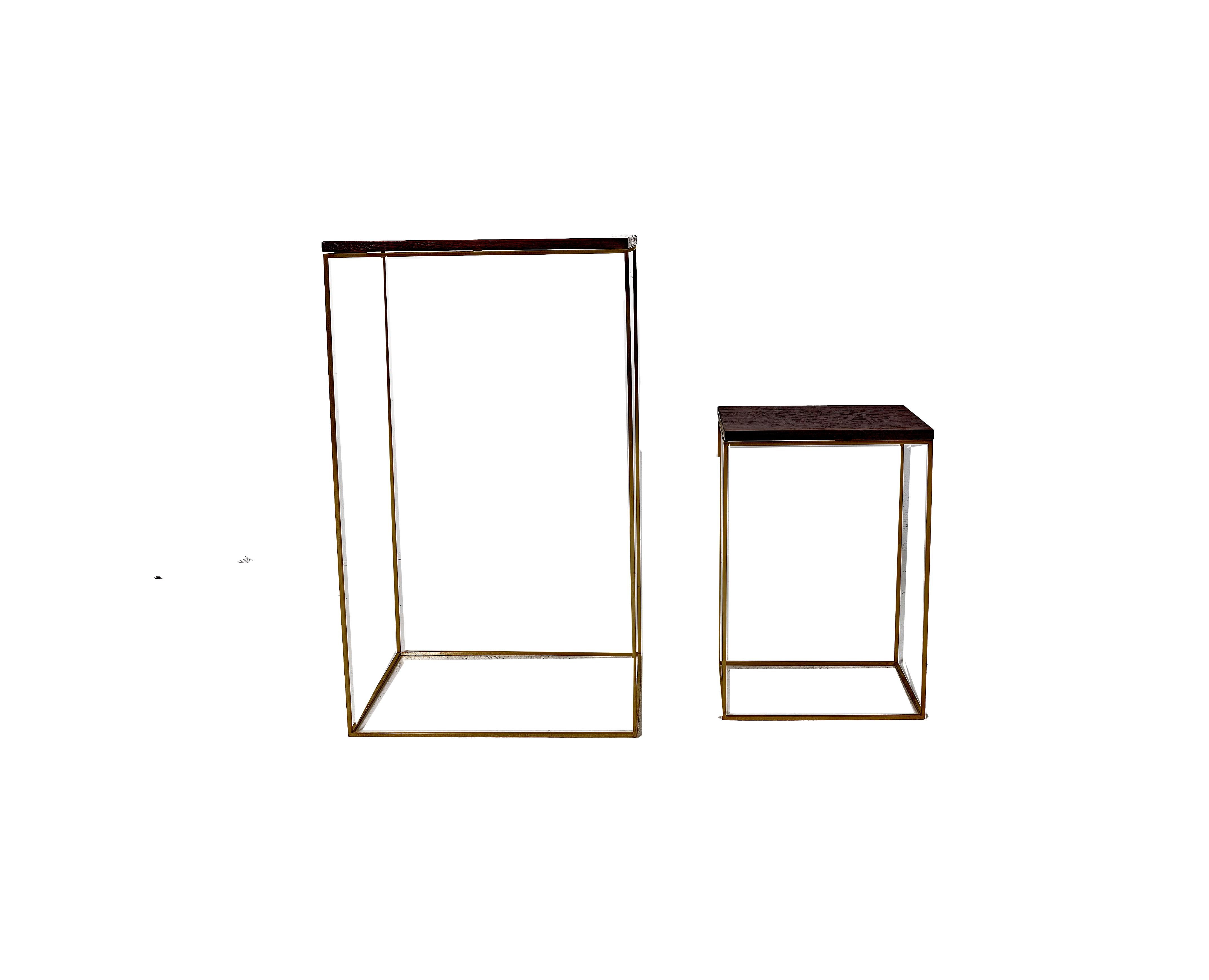 Walnut and Brass Side Tables. Fine lightweight tables with brass base and walnut veneered tops. Tops sit on base and are held in position by four pins. Tables are not built for heavy items, good for light lamps, books and sculptures.
In total 3