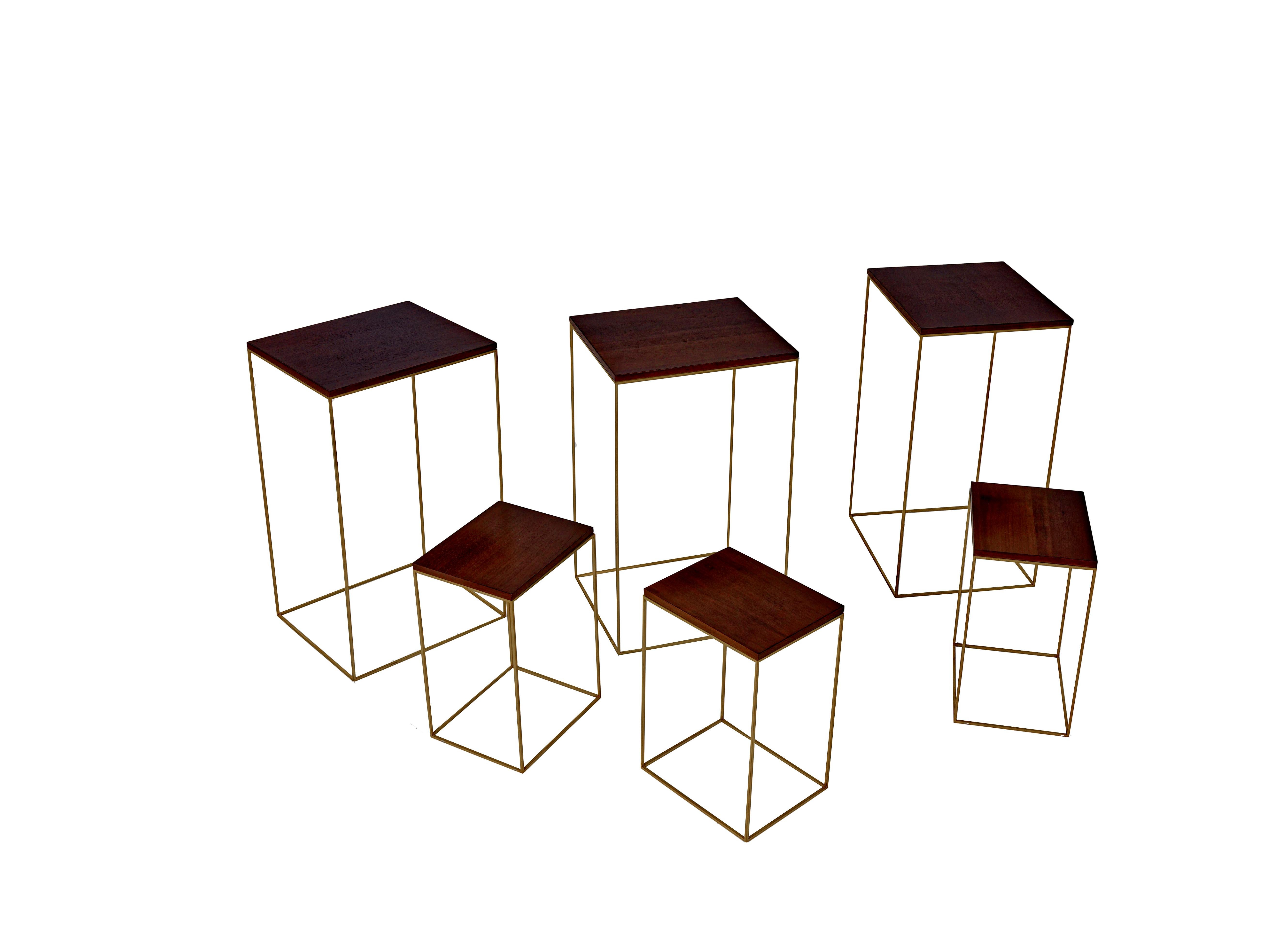 Modern Walnut and Brass Side Tables Large For Sale
