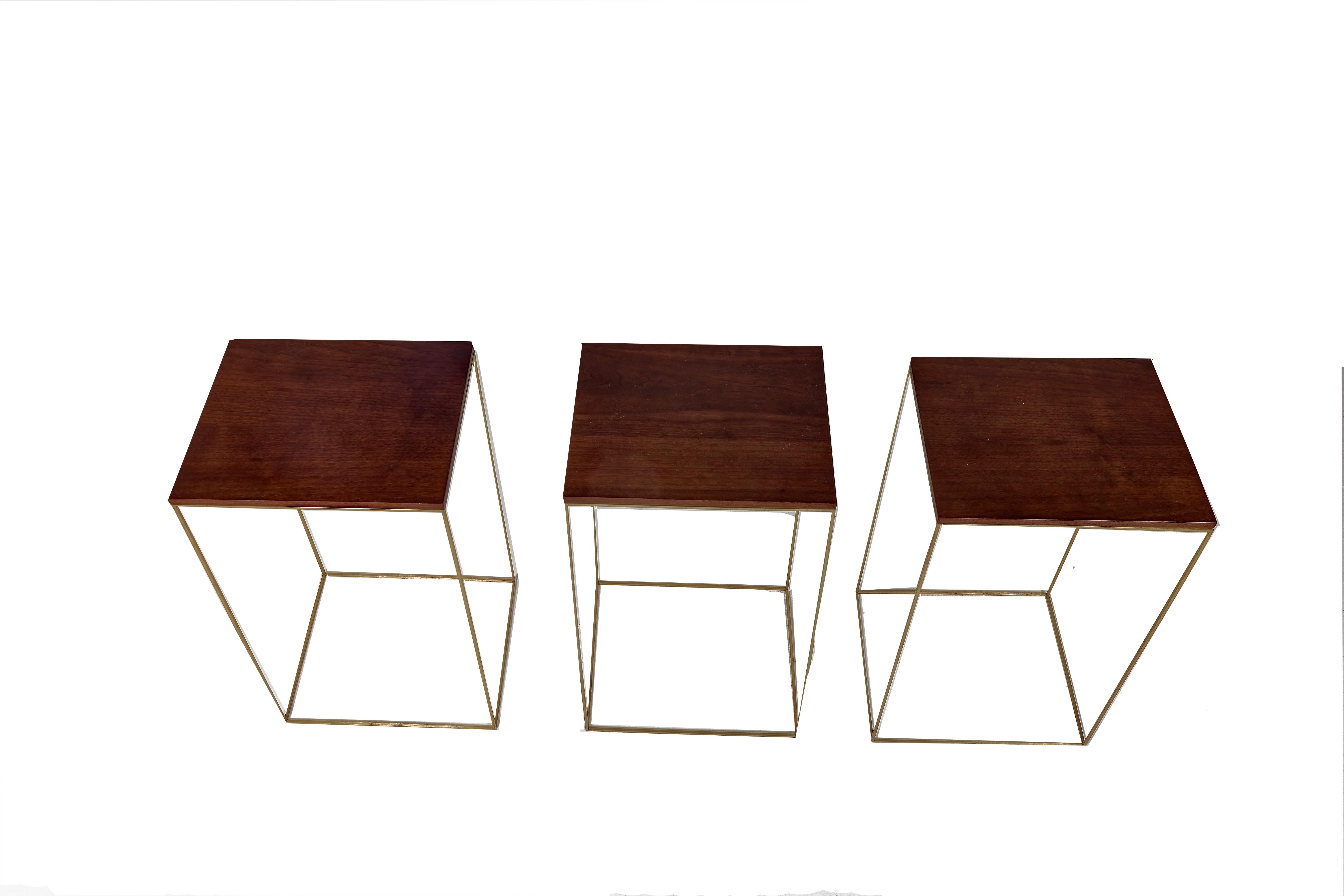 Modern Walnut and Brass Side Tables Small For Sale