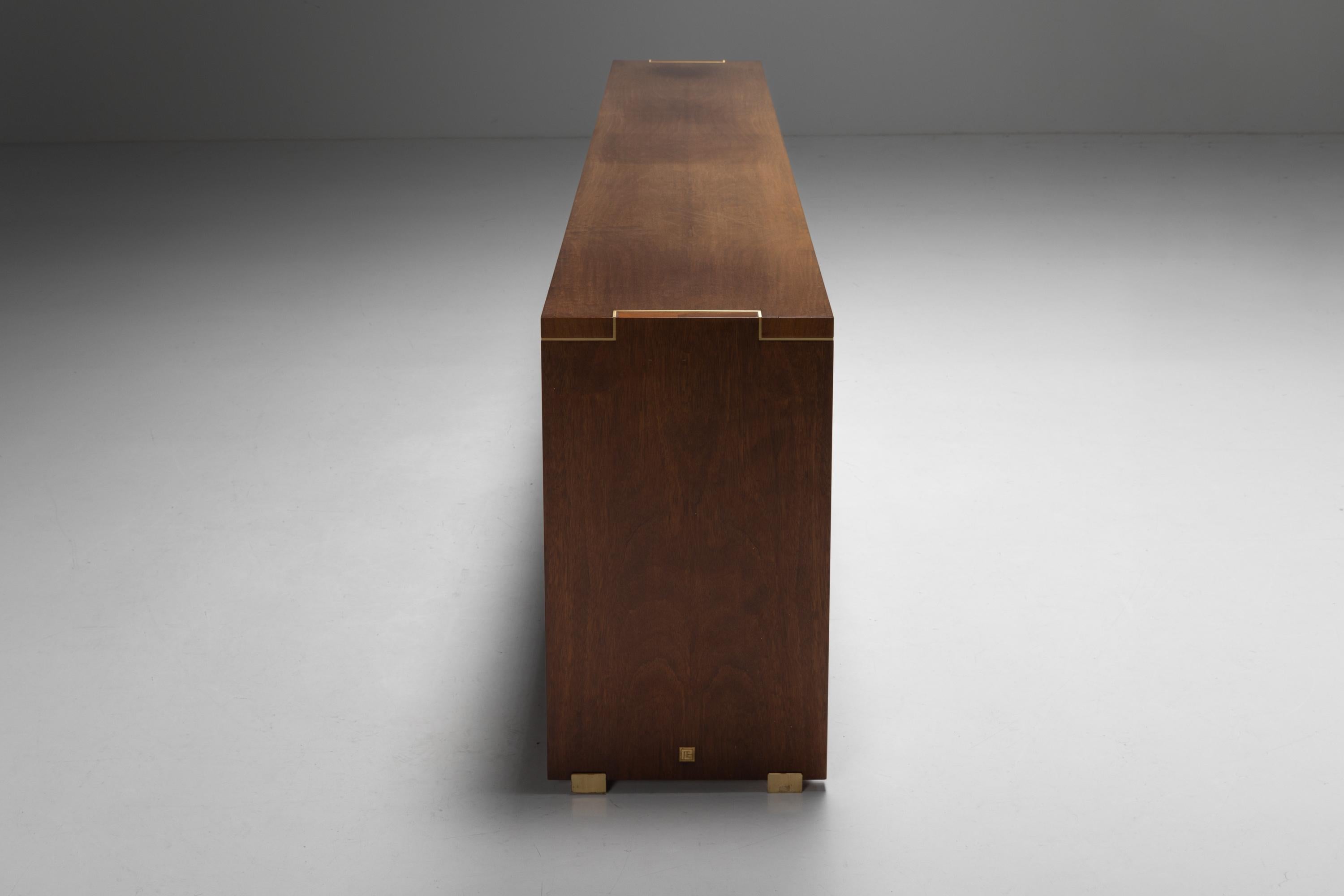 Mid-Century Modern Walnut and Brass Sideboard by Pierre Balmain, France, 1980s