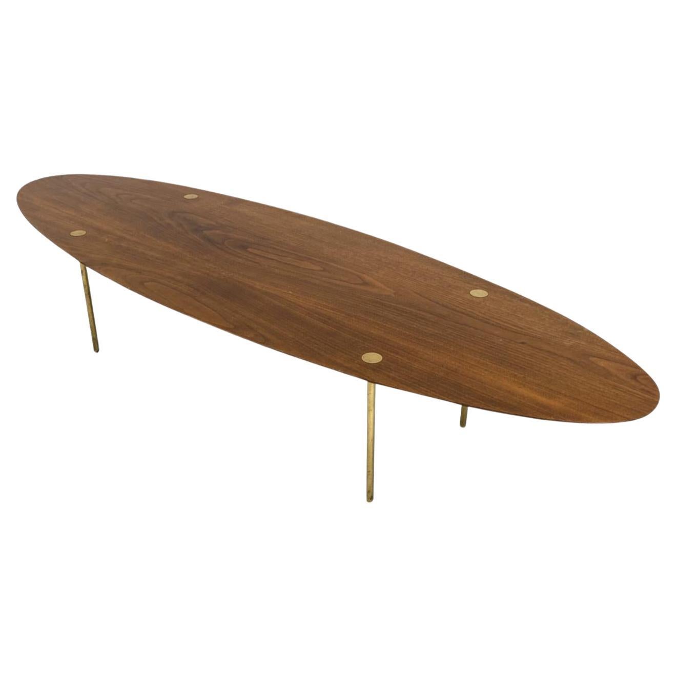 Walnut and Brass Surfboard coffee table