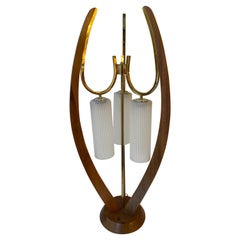 Gerald Thurston Style Walnut and Brass Table Lamp with 3 Glass Shades
