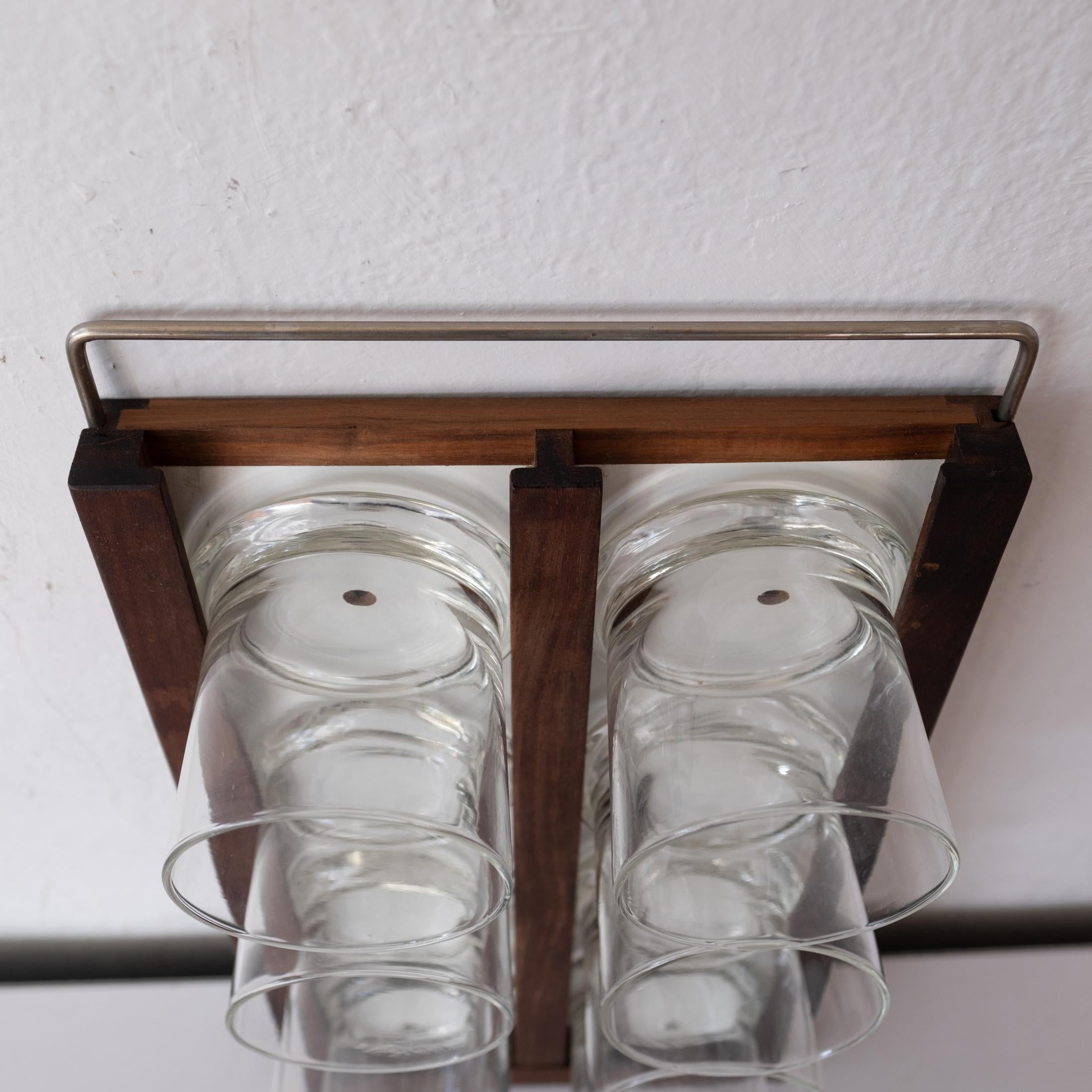 Mid-Century Modern Walnut and Brass Wall Mounted Tray and Glasses For Sale