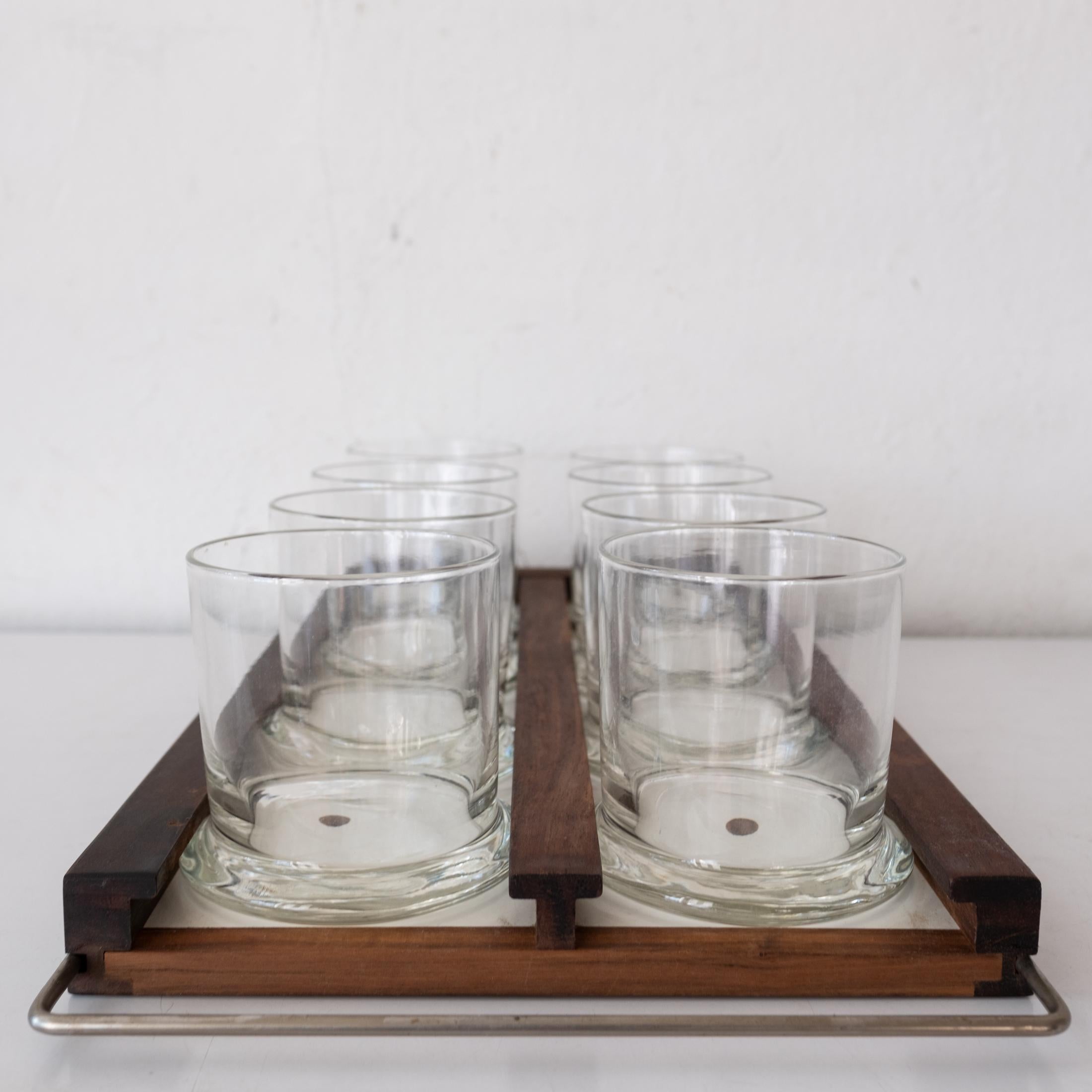 American Walnut and Brass Wall Mounted Tray and Glasses For Sale