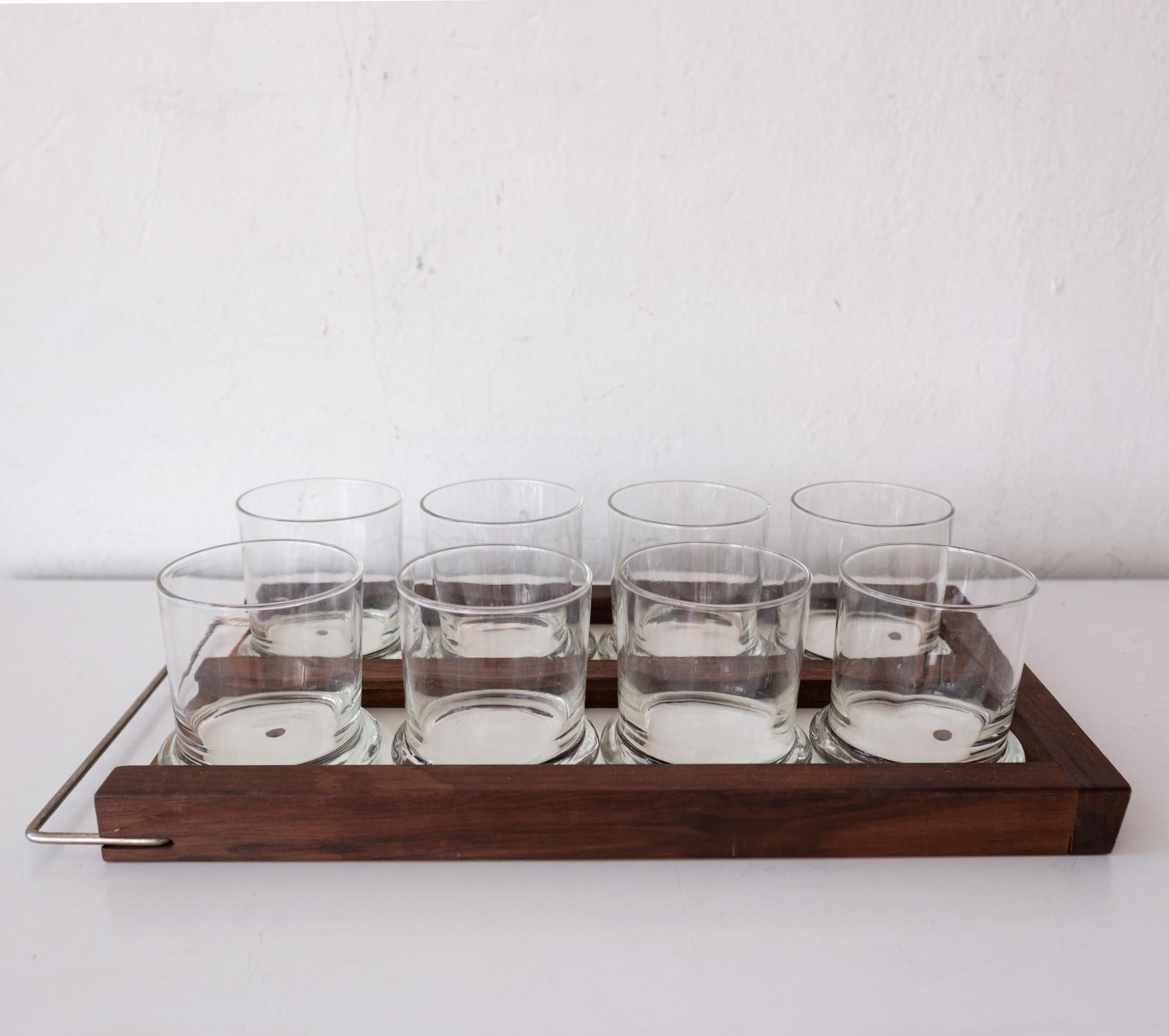 Walnut and Brass Wall Mounted Tray and Glasses In Good Condition For Sale In San Diego, CA