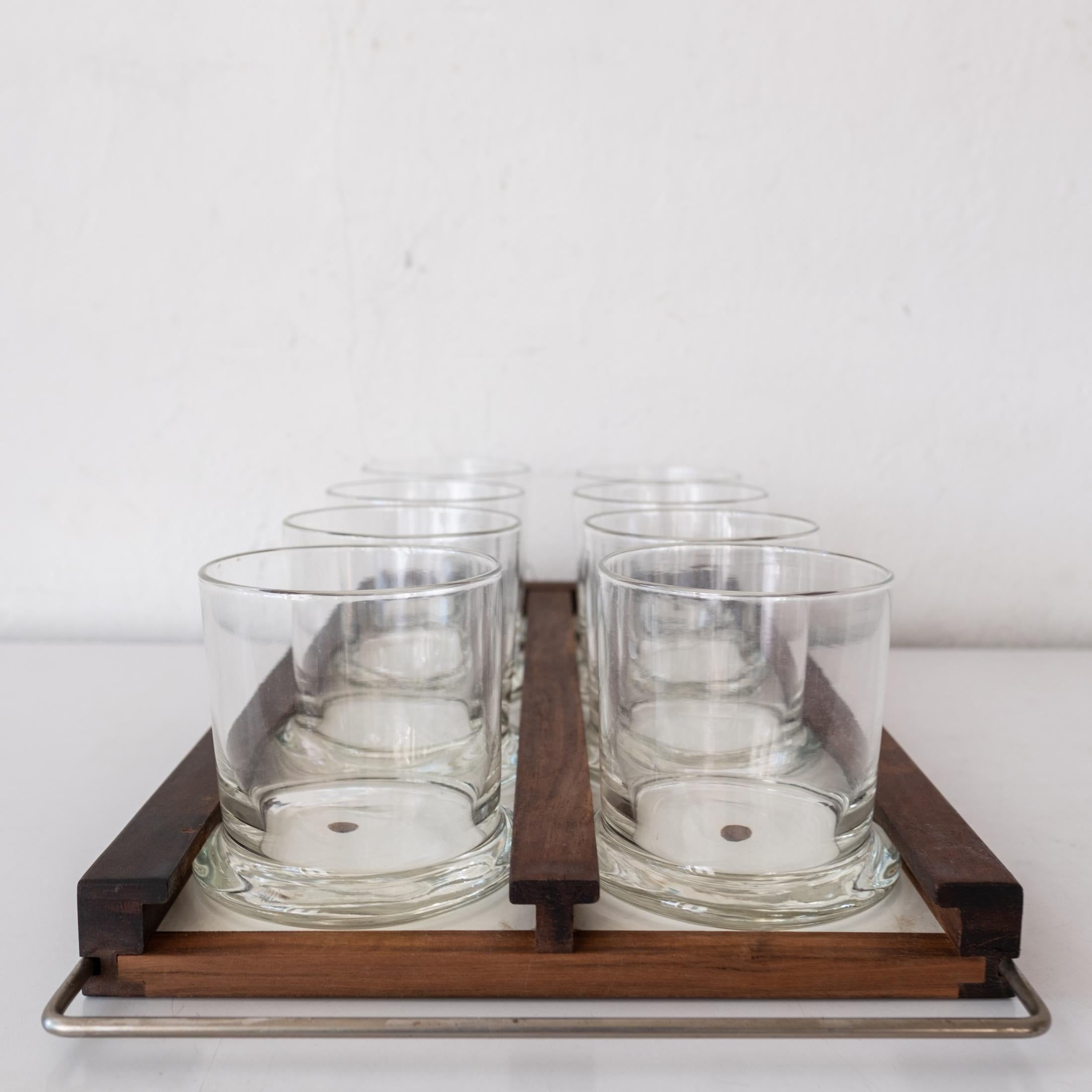 Mid-20th Century Walnut and Brass Wall Mounted Tray and Glasses For Sale