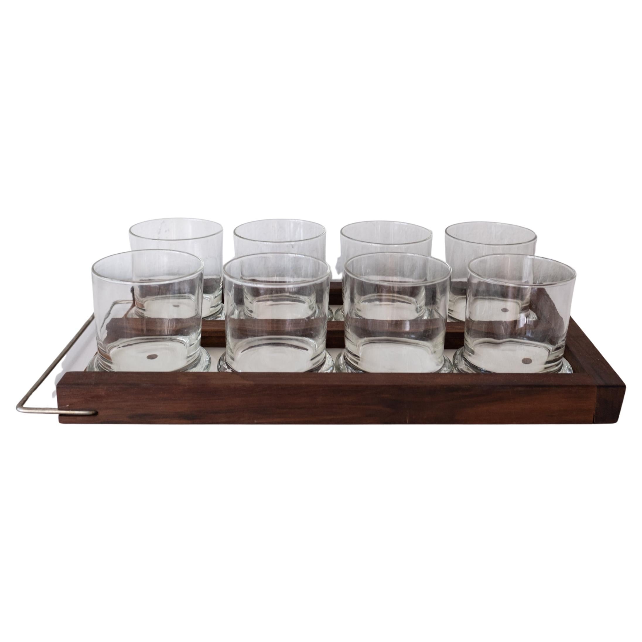 Walnut and Brass Wall Mounted Tray and Glasses For Sale