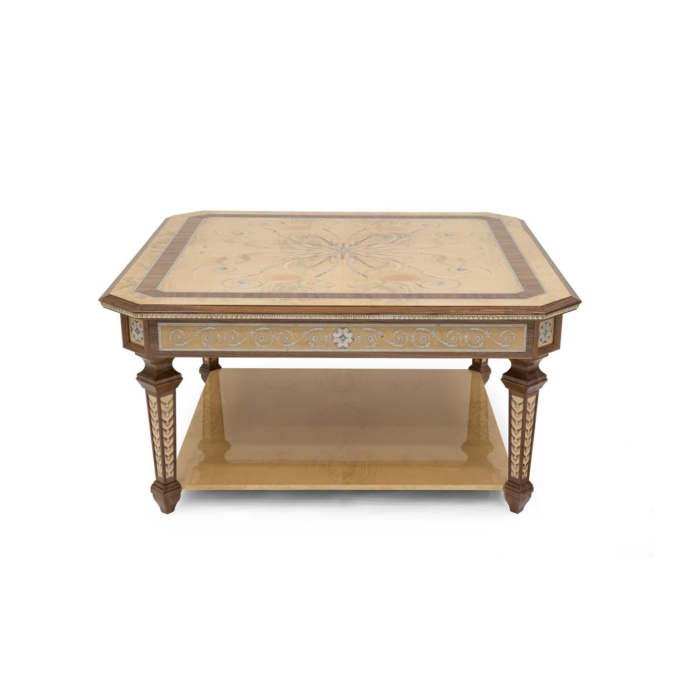 The perfect choice to infuse elegance and classic sophistication in a living room decor, this refined coffee table is a testament to luxurious design. Handcrafted by master artisans, it is fashioned of veneered Canaletto walnut and Madrona briar