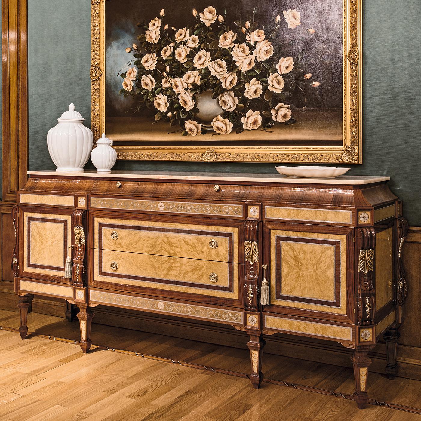 Modern Walnut and Briar Sideboard with Onice Miele Marble Top