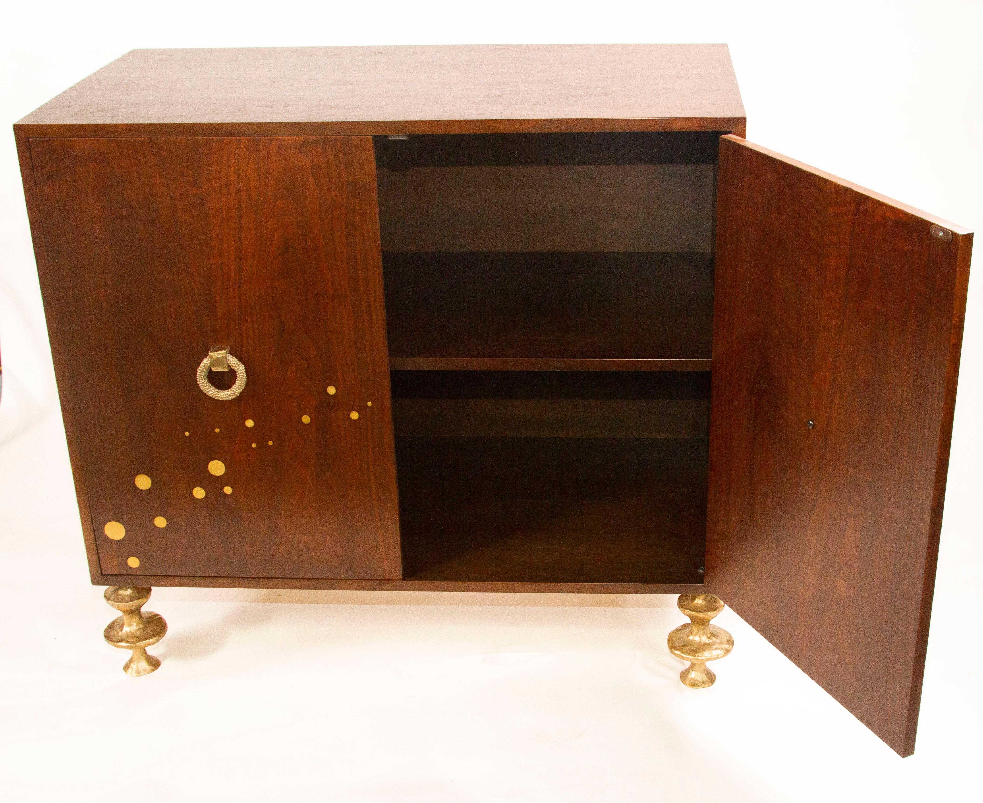 Walnut and Bronze Bar Cabinet with Hand-Sculpted Bronze Handles and Legs For Sale 1