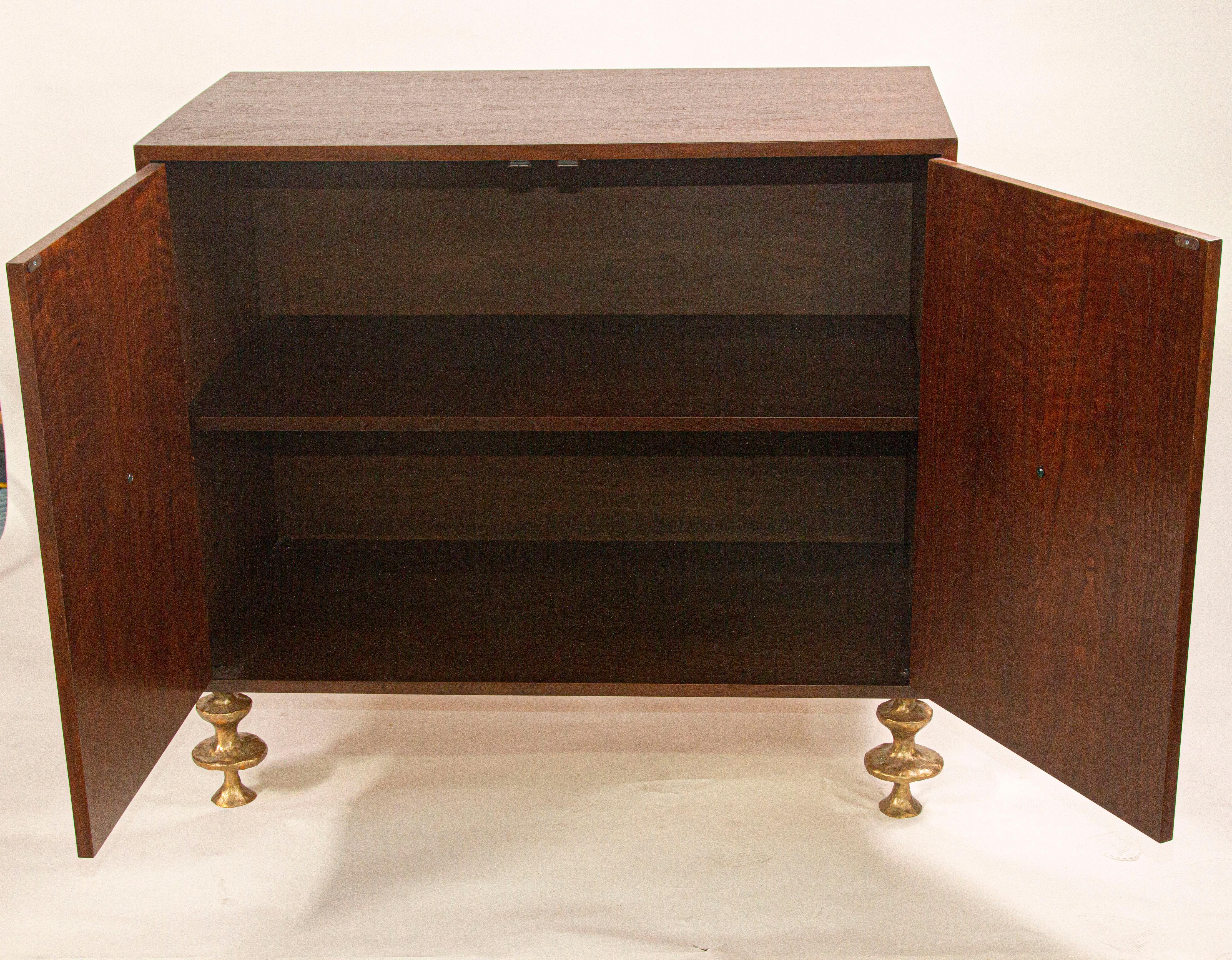 Walnut and Bronze Bar Cabinet with Hand-Sculpted Bronze Handles and Legs For Sale 2