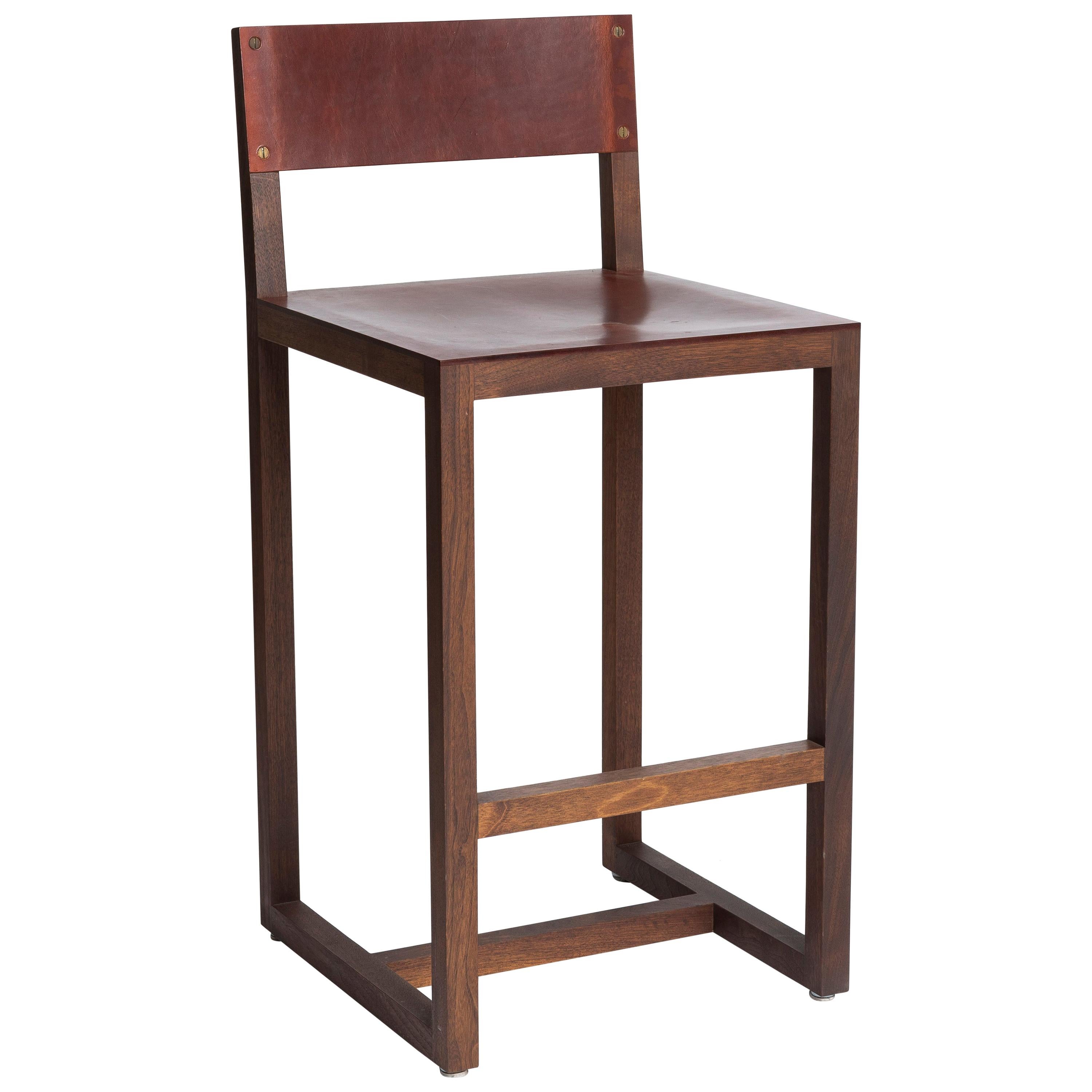 Walnut and Brown Leather Counter Stools by BDDW, Two Available