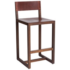 Walnut and Brown Leather Counter Stools by BDDW, Two Available